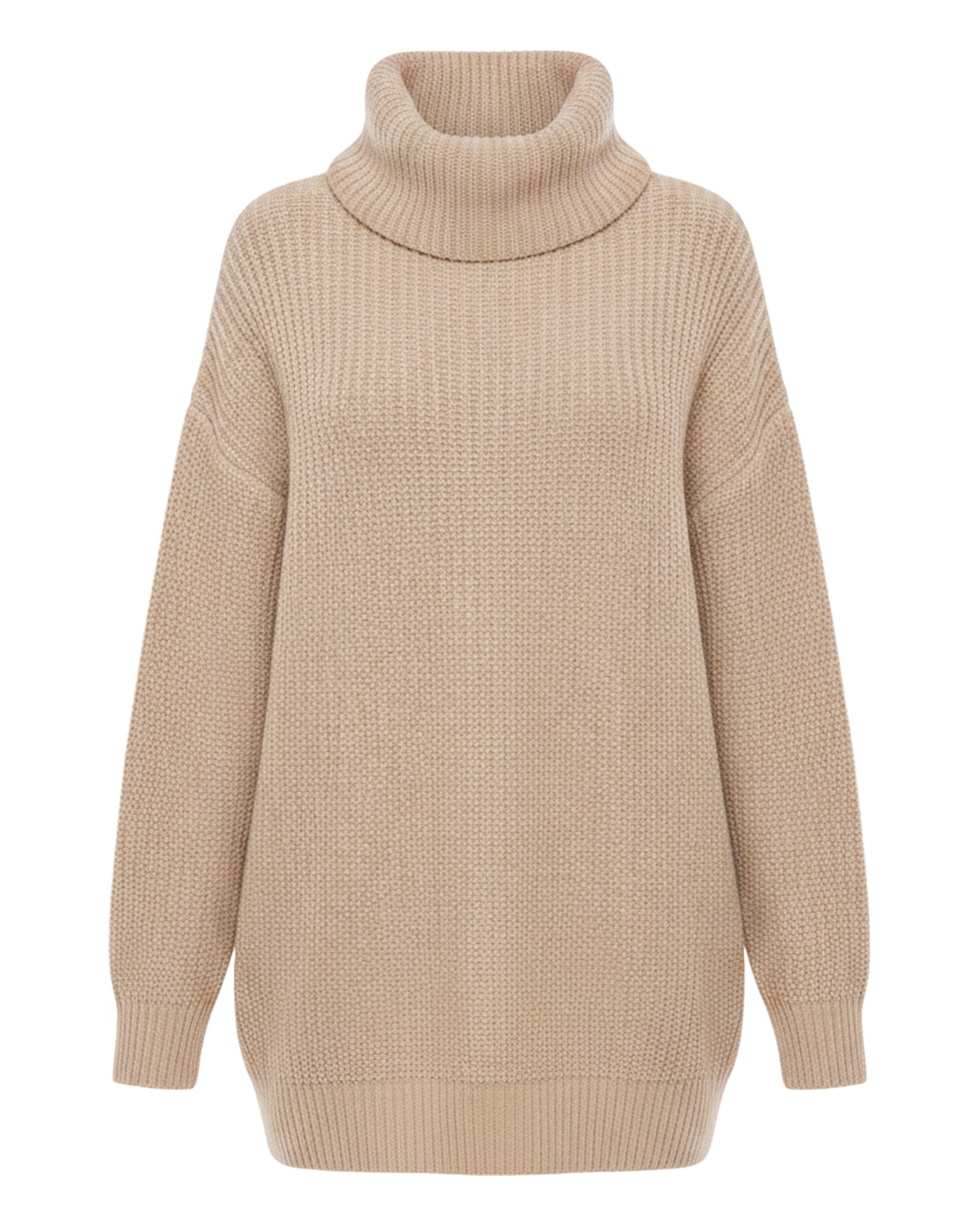 Riet khaki chunky turtleneck knit sweater dress, front view (AI visualisation)