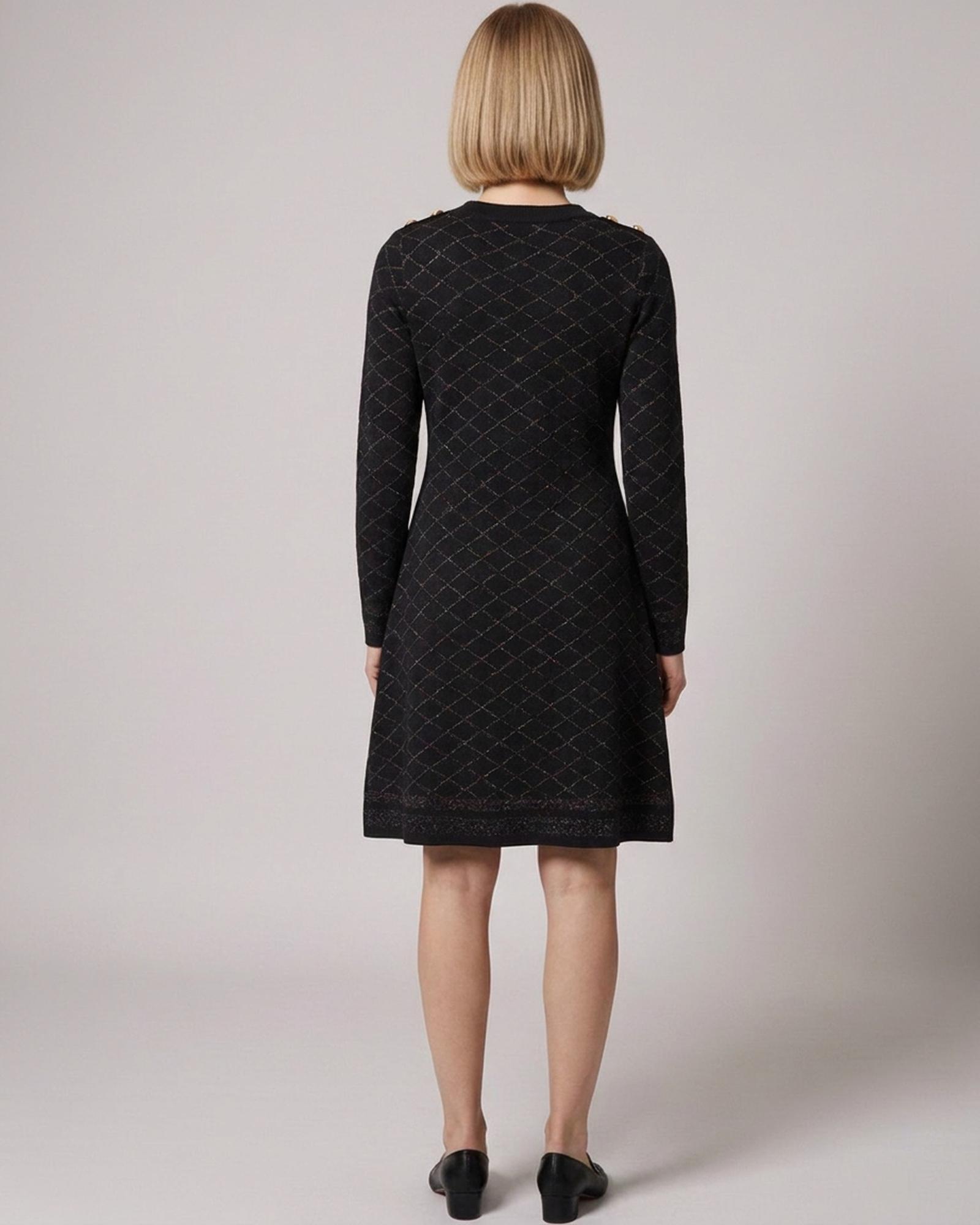 Rixt black quilted-pattern A-line knit dress — model back view (AI visualisation)