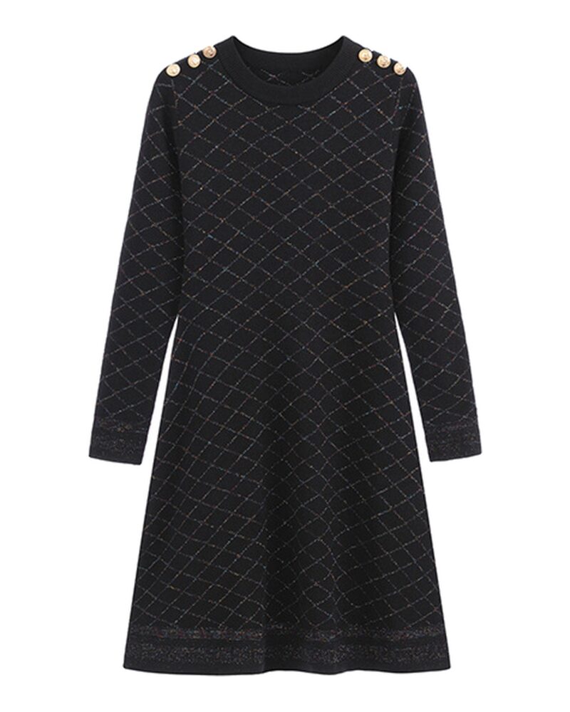 Rixt black quilted-pattern A-line knit dress, front view — product photo