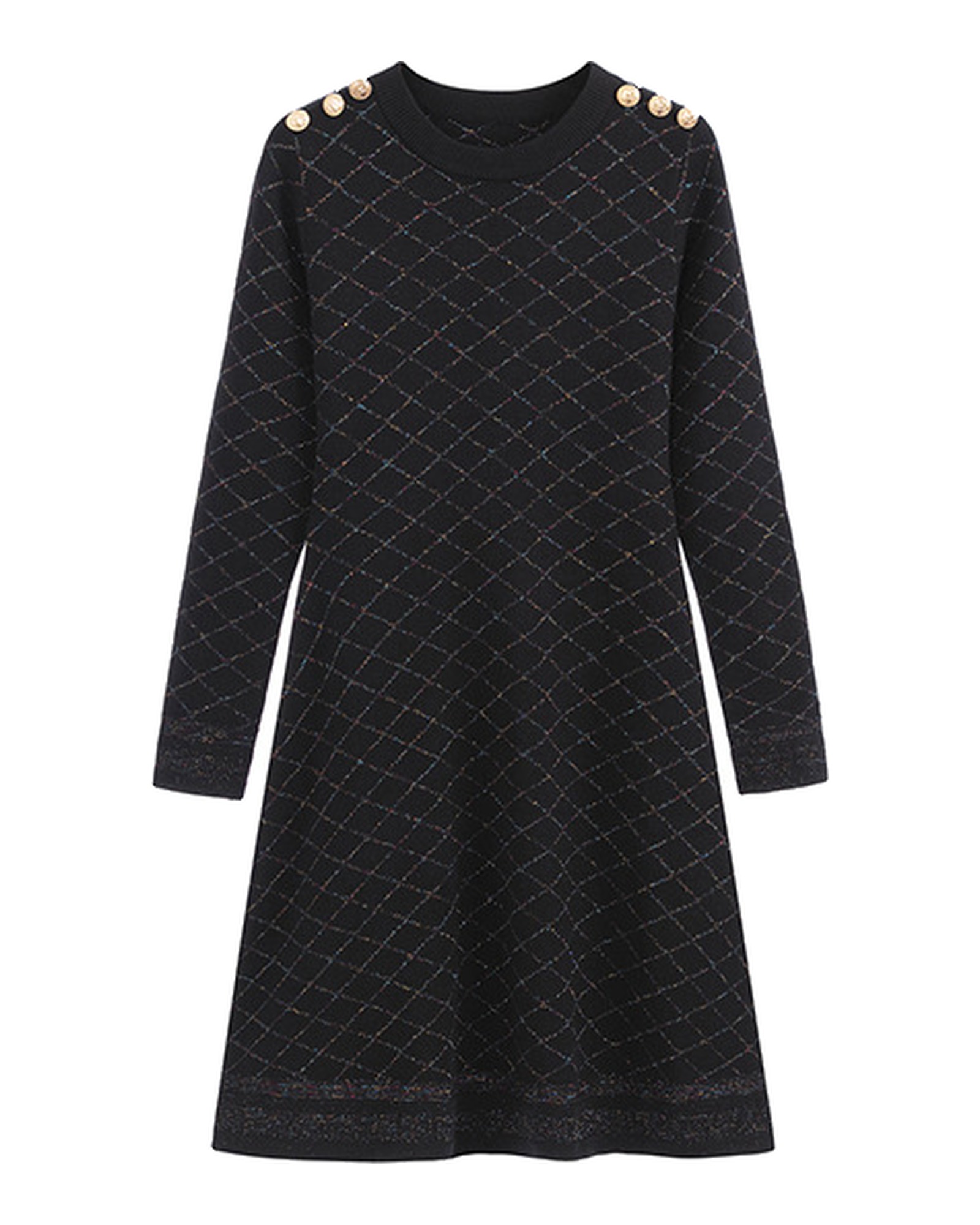 Rixt black quilted-pattern A-line knit dress, front view — product photo