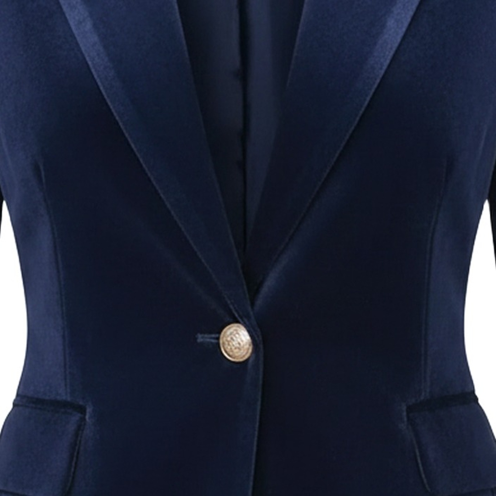 Rozalie navy velvet blazer — fabric and closure detail (AI visualisation)