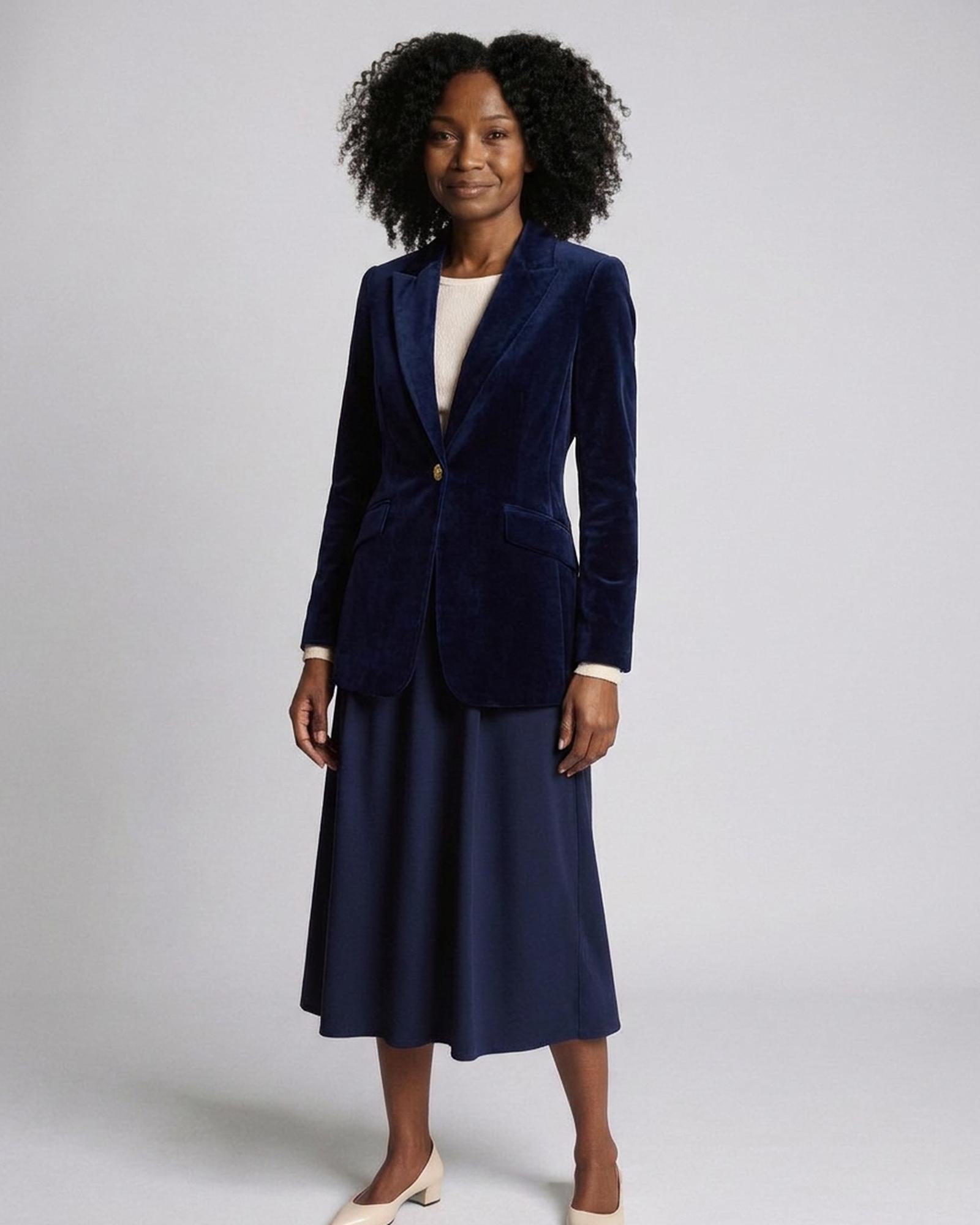 Rozalie deep navy velvet fitted blazer with peak lapel and one gold button, front view (AI visualisation)