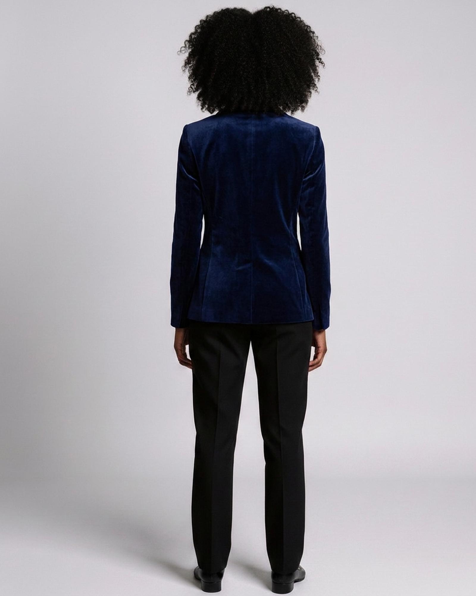 Rozalie navy velvet blazer — model back view (AI visualisation)