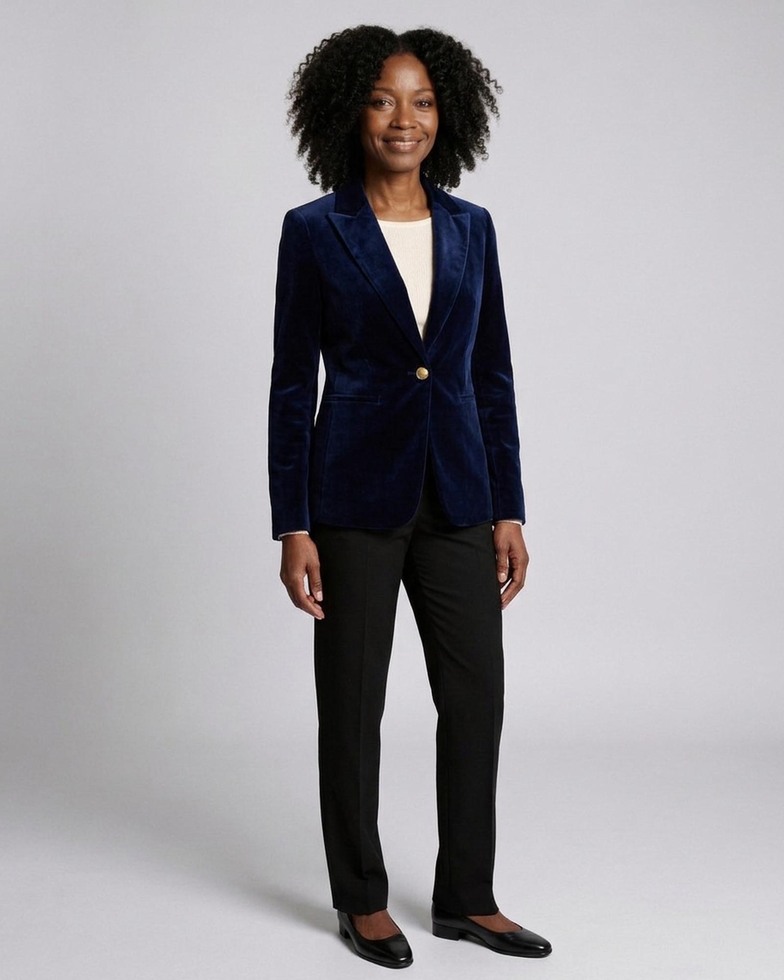 Rozalie deep navy velvet fitted blazer with peak lapel and one gold button, three-quarter view (AI visualisation)