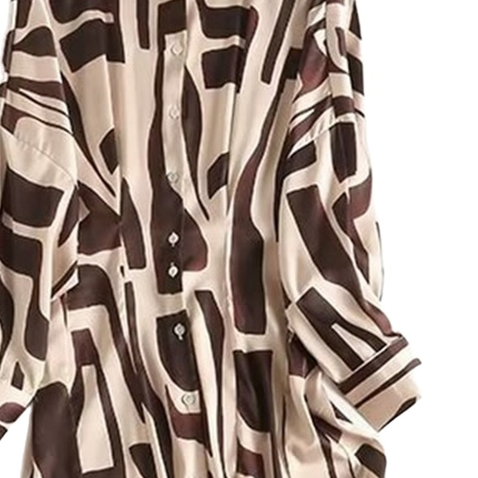 Sandra bruin-crème abstract-print zijden blousejurk — fabric detail — productfoto