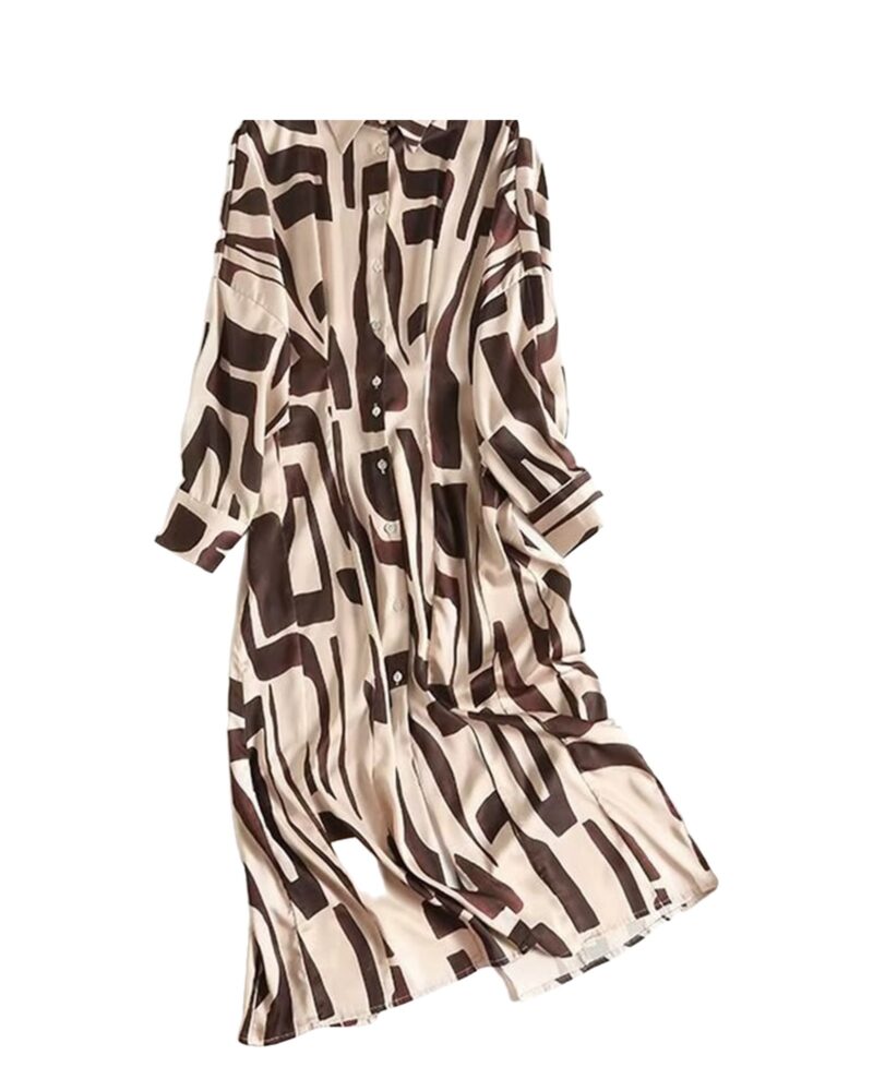 Sandra brown and cream abstract-print silky shirt dress, front view — product photo