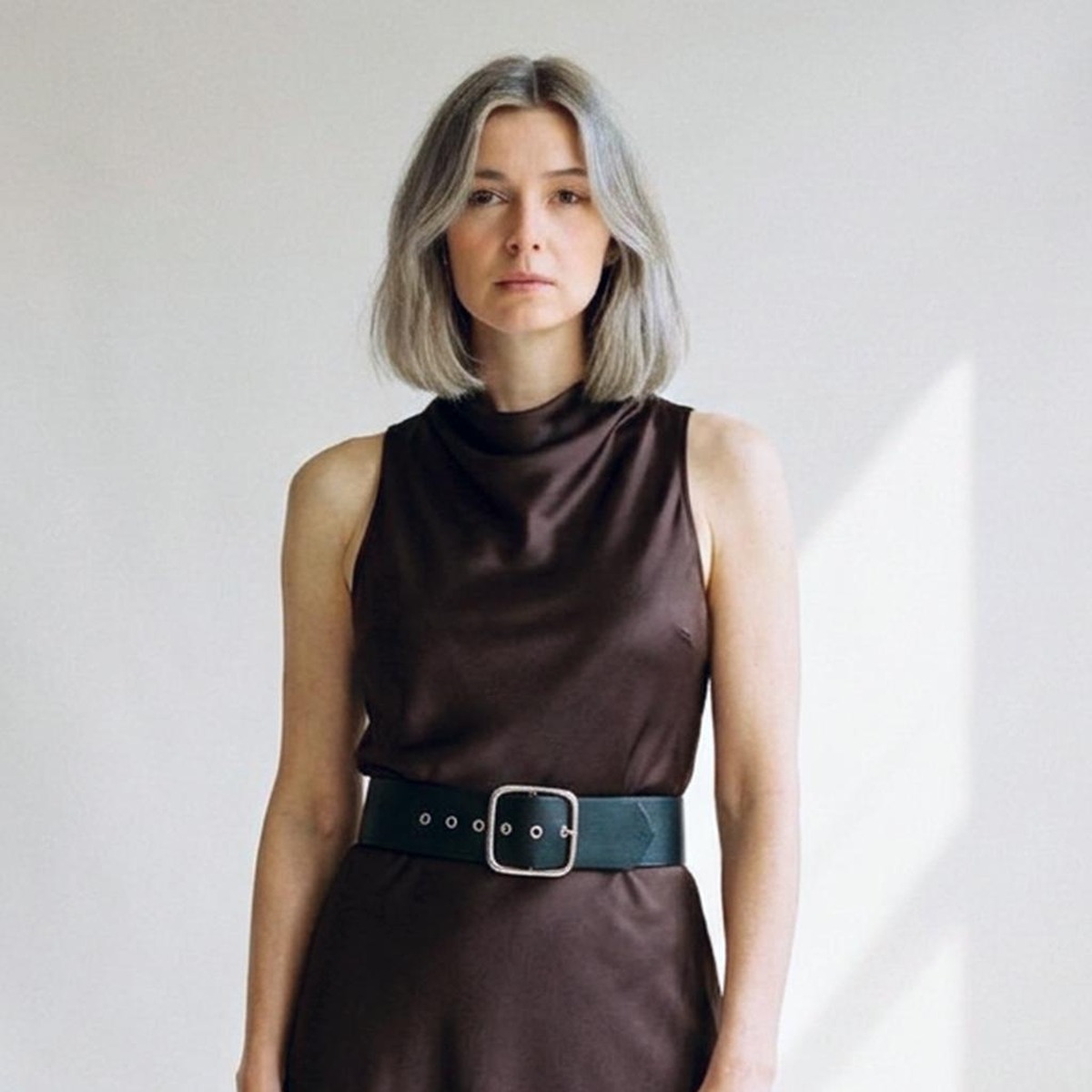 Selene — Satin belted midi dress (AI visualisation)