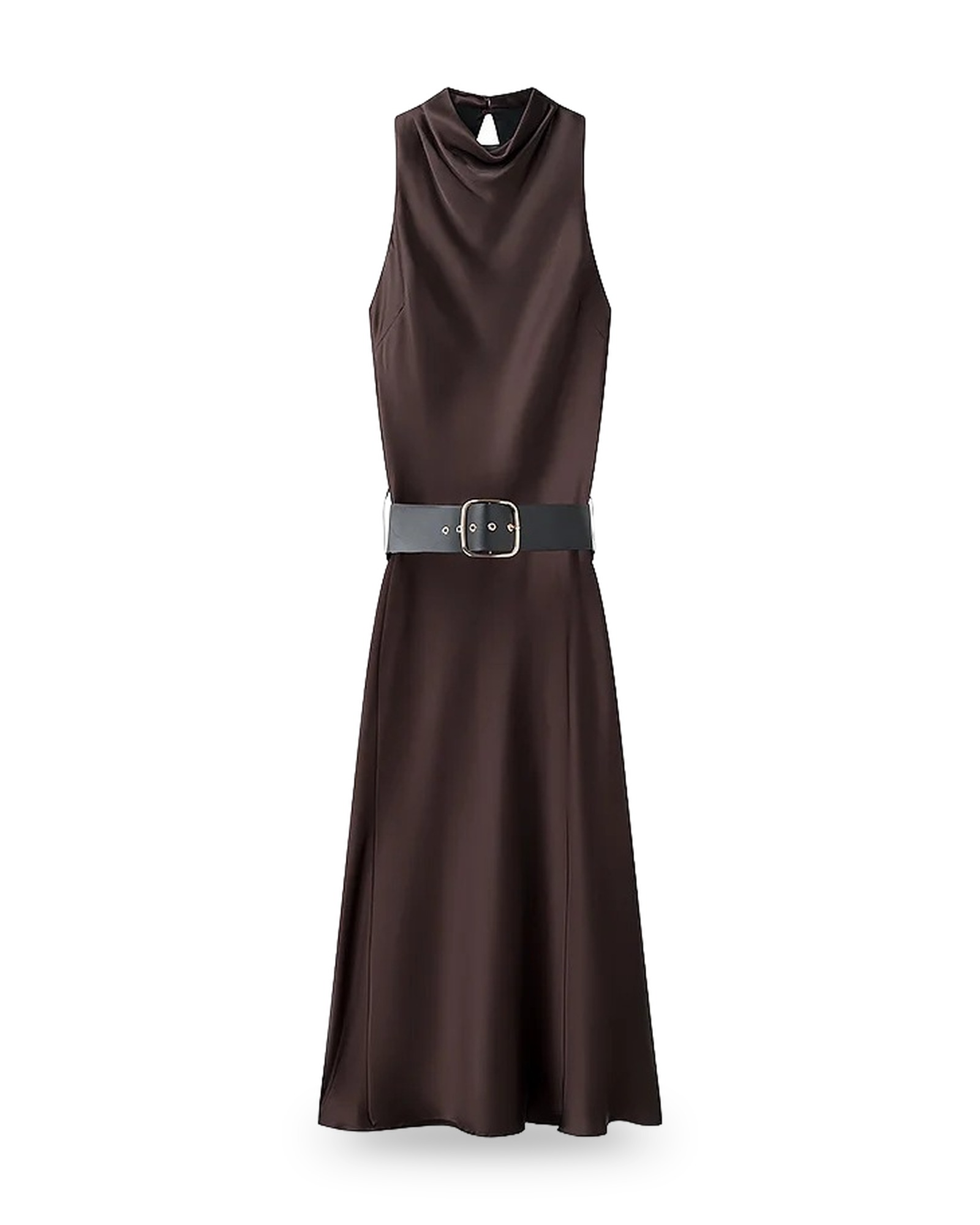 Selene · Satin belted midi dress — front