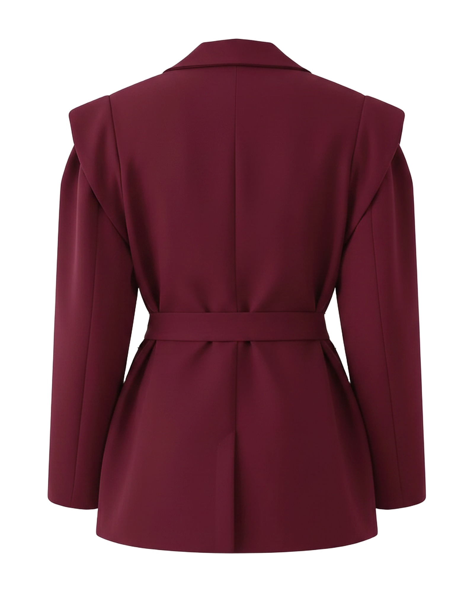Sonja wine-red belted puff-shoulder blazer, back view (AI visualisation)