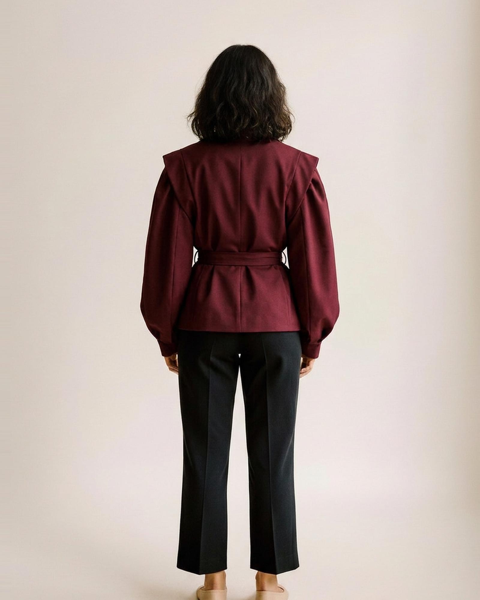 Sonja wine-red puff-shoulder blazer — model back view (AI visualisation)