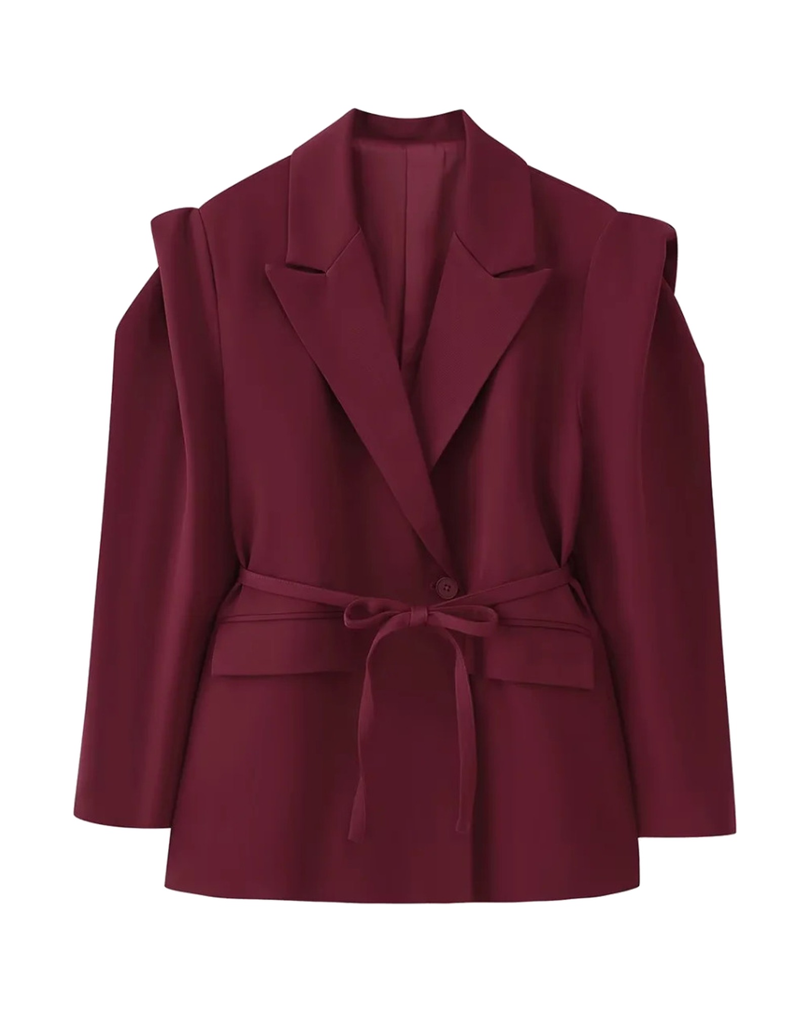 Sonja wine-red belted puff-shoulder blazer with cold-shoulder detail, front view — product photo