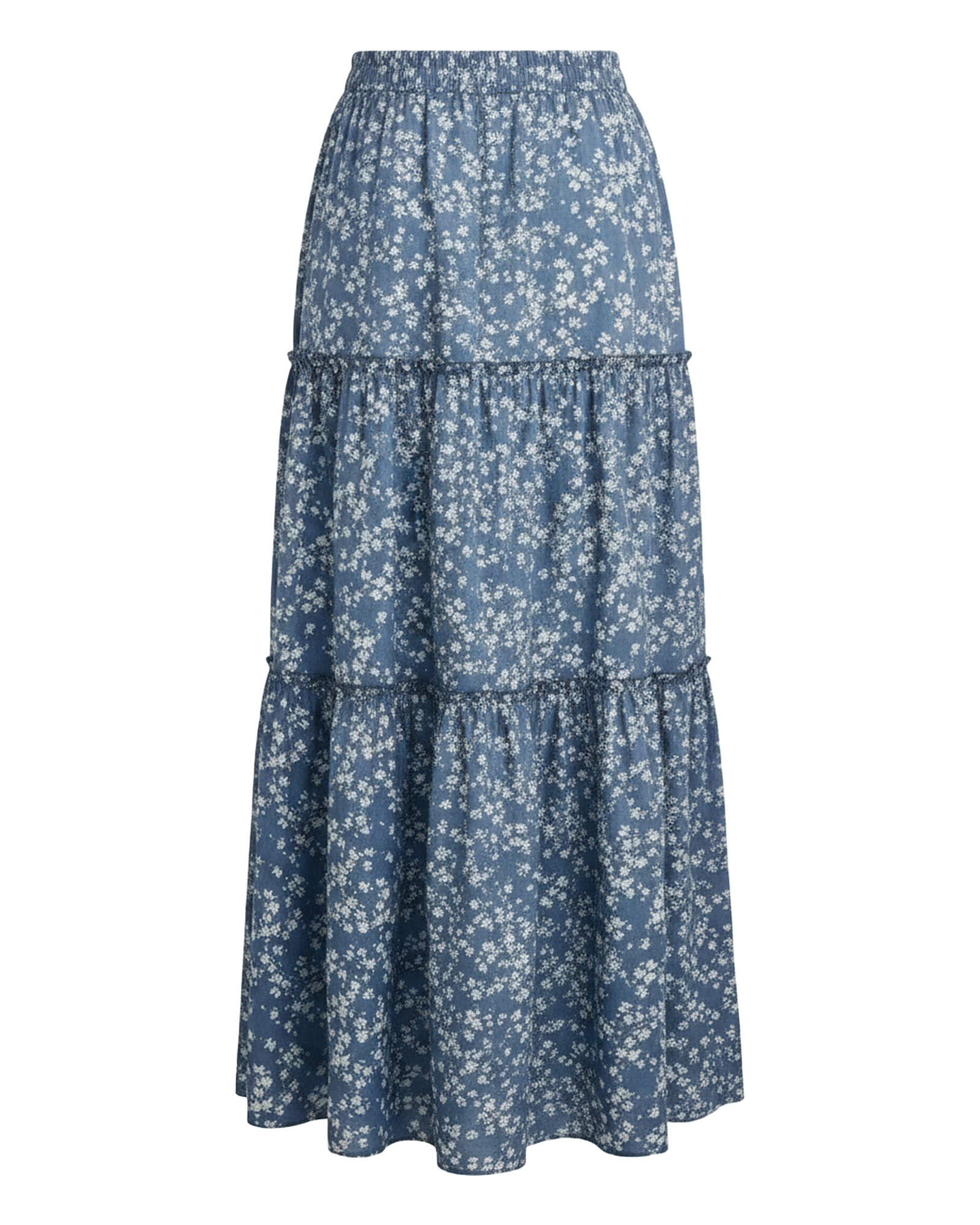 Suze blauer geblümter Boho-Maxirock, Rückansicht (KI-Visualisierung)