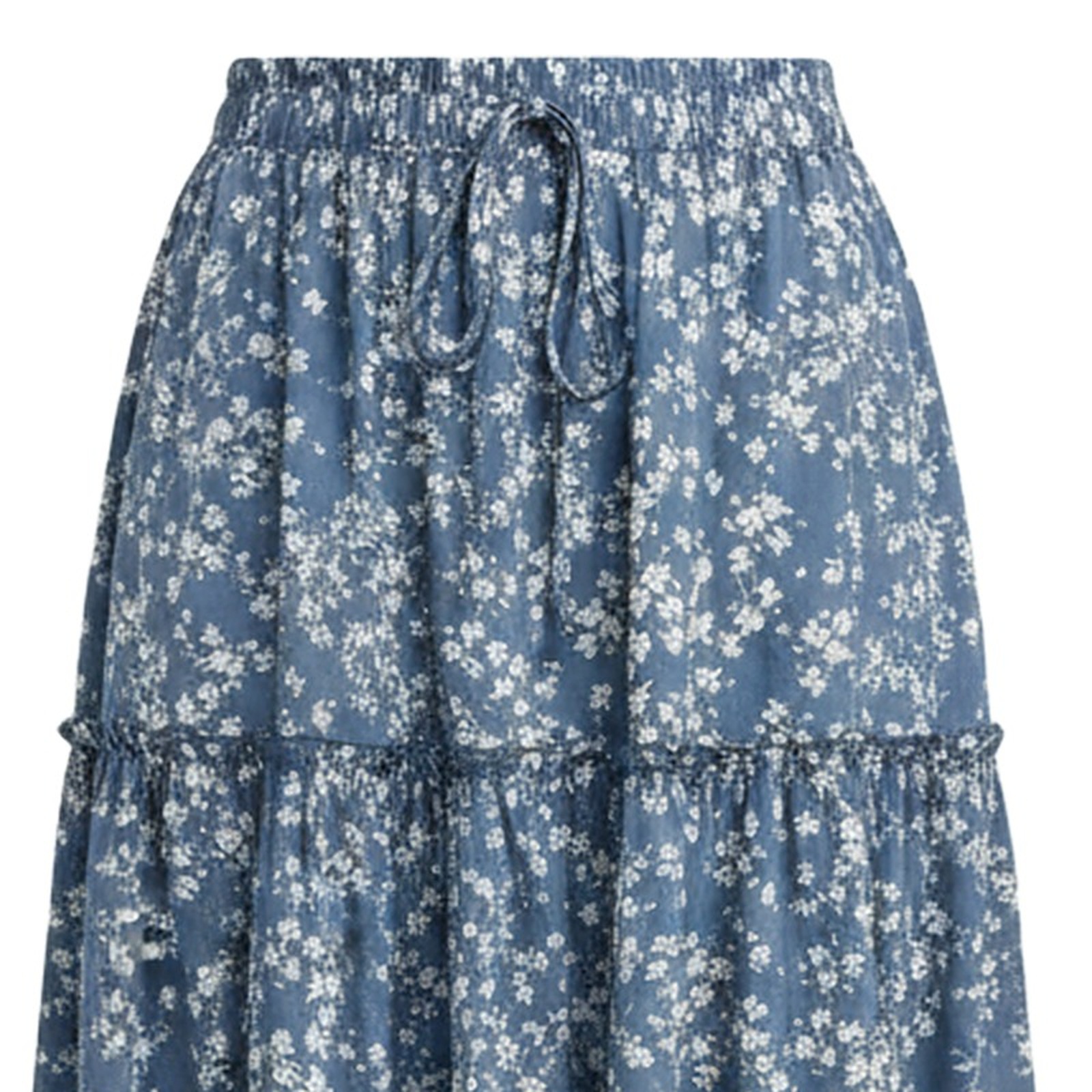 Suze blauer geblümter Boho-Maxirock — fabric and texture detail (KI-Visualisierung)