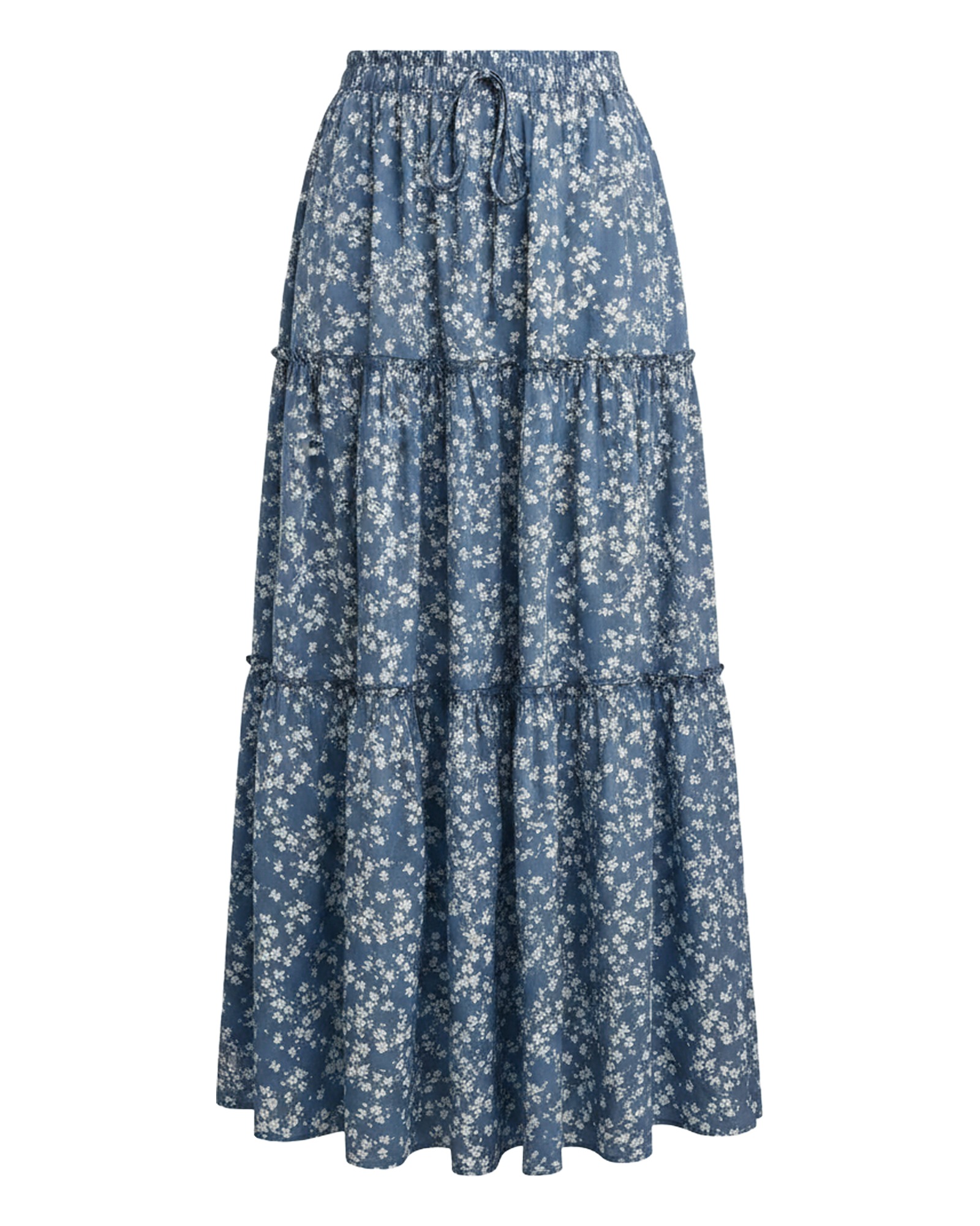 Suze blauer geblümter Boho-Maxirock, Vorderansicht (KI-Visualisierung)