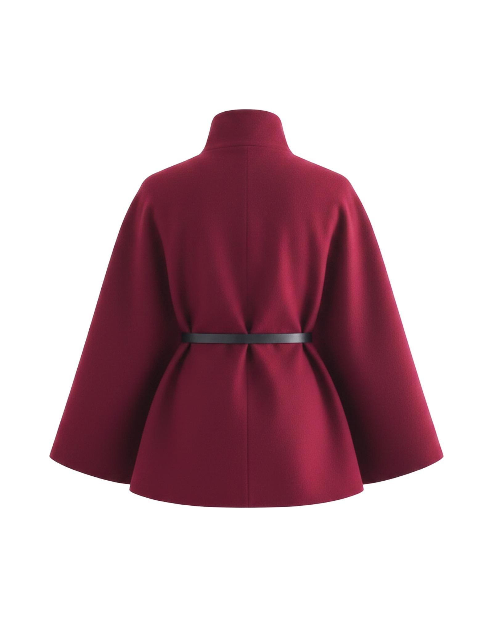 Sytske burgundy belted cape coat, back view (AI visualisation)