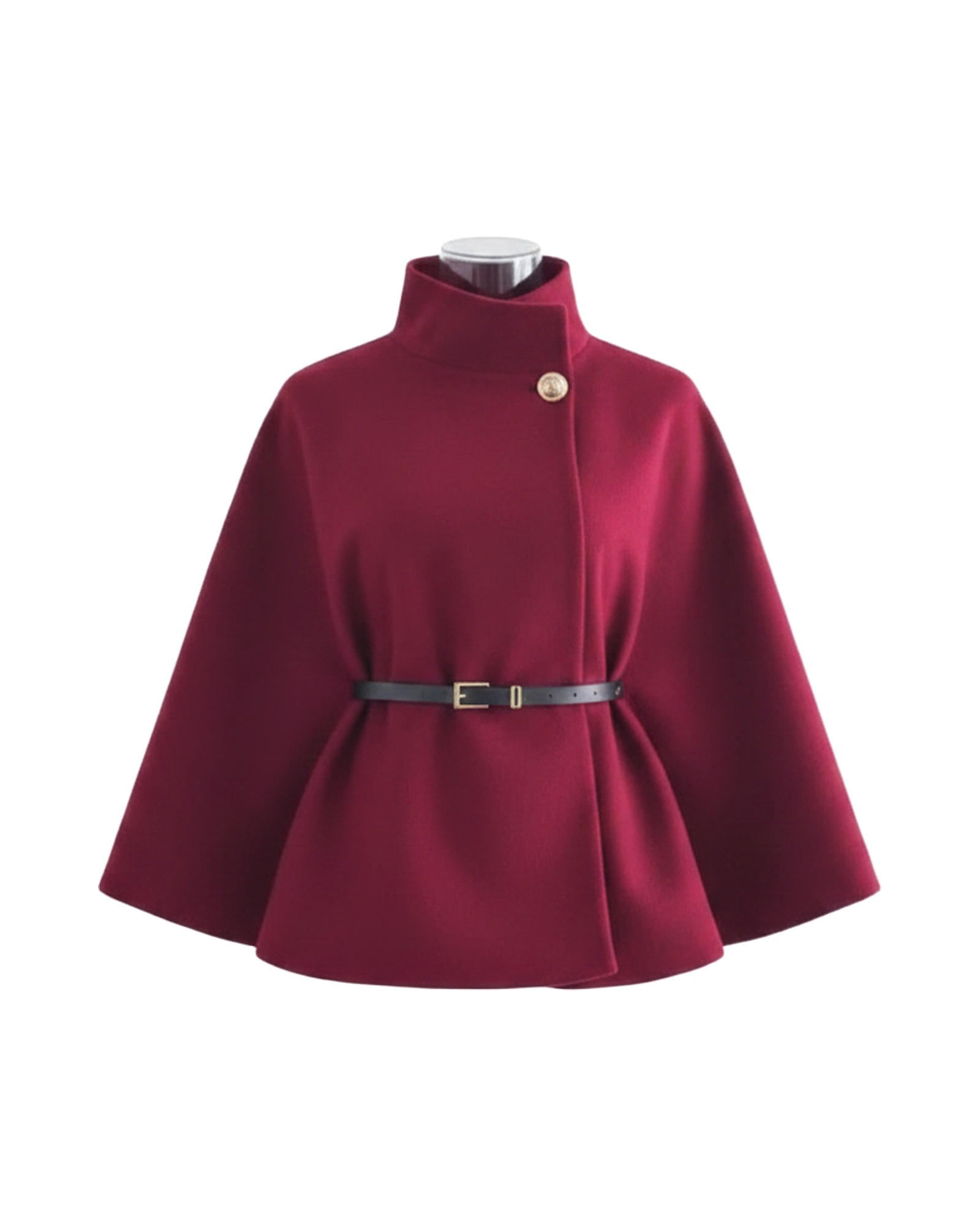 Sytske burgundy belted cape coat, front view (AI visualisation)