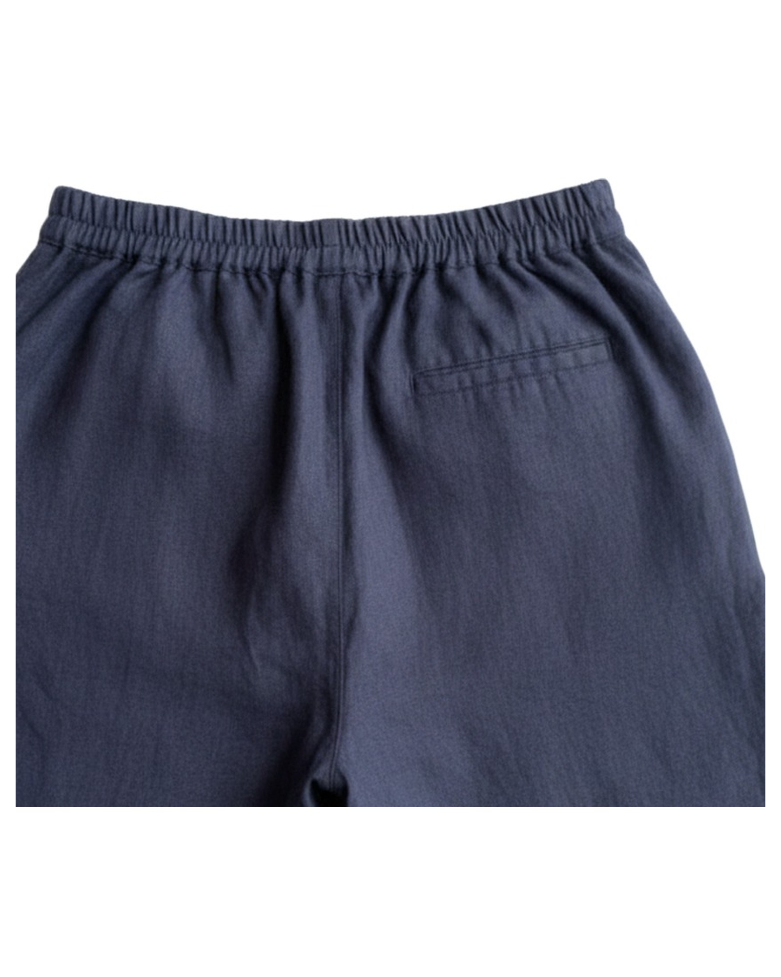 Tjitske washed linen wide-leg shorts — waistband and welt pocket detail, navy (AI visualisation)