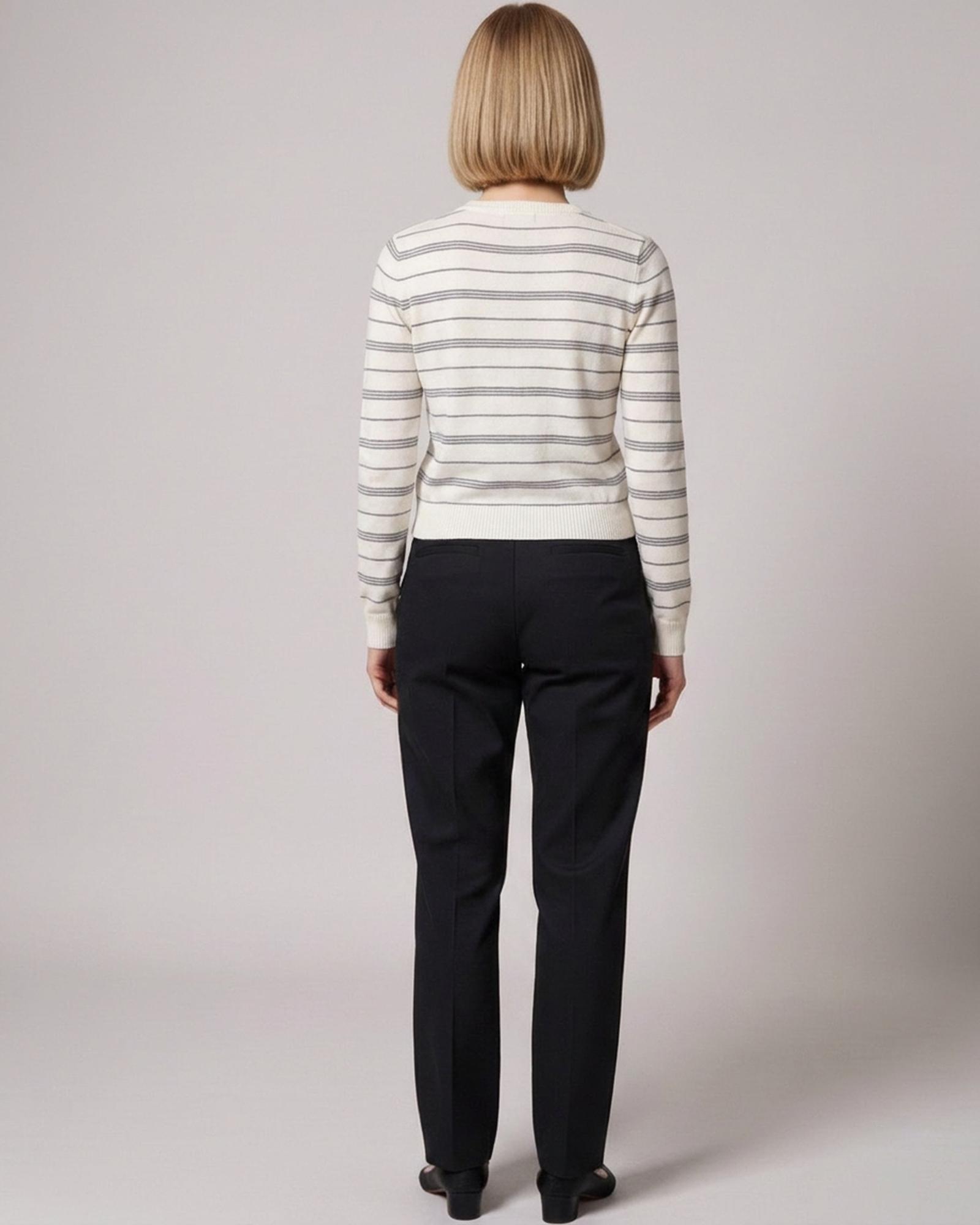 Toos striped knit cardigan — model back view (AI visualisation)