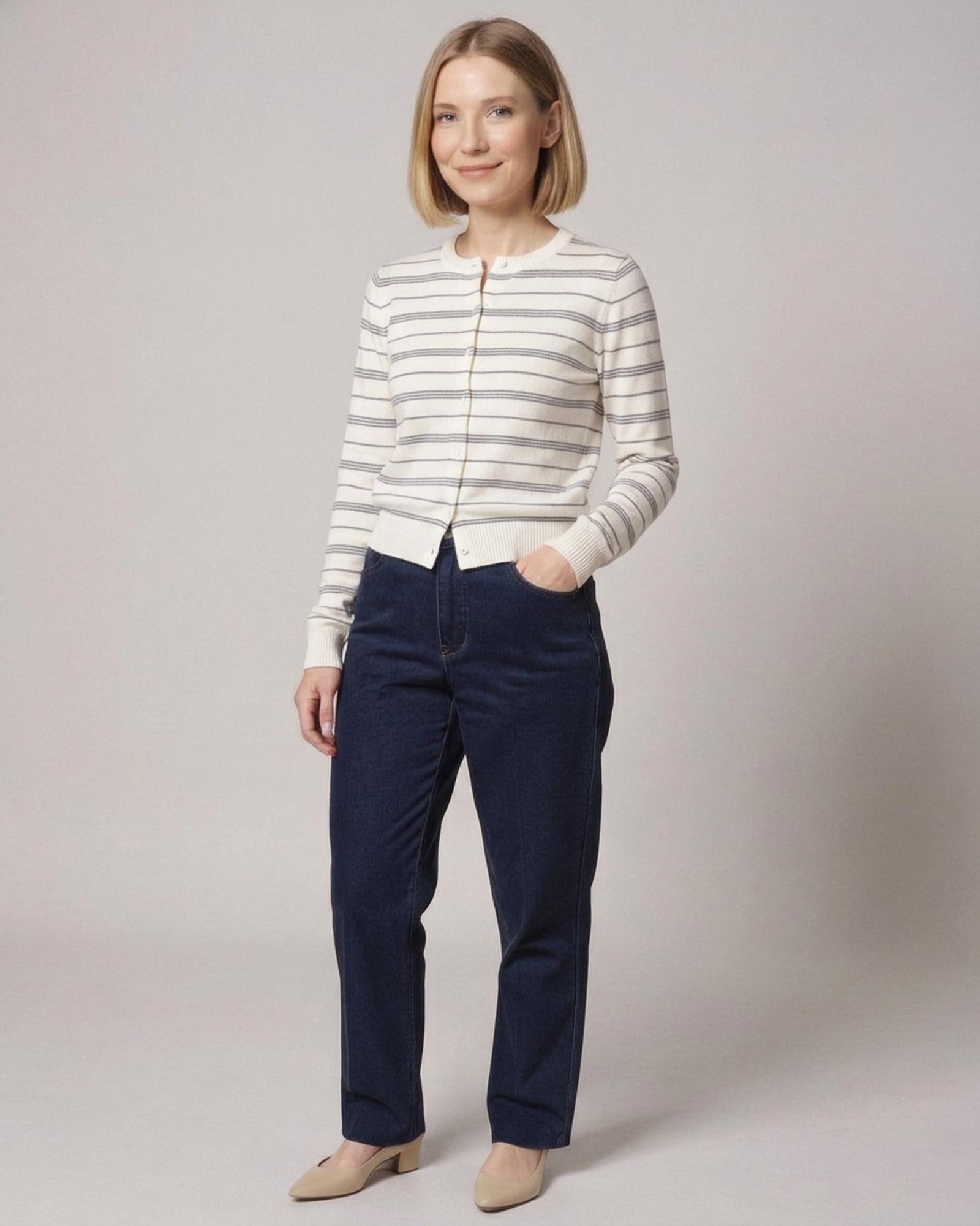 Toos white knit cardigan with fine grey horizontal stripes, a round neck and button front, three-quarter view (AI visualisation)