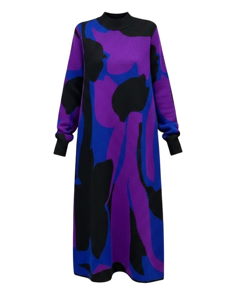 Trees purple abstract-print knit midi dress, front view (AI visualisation)