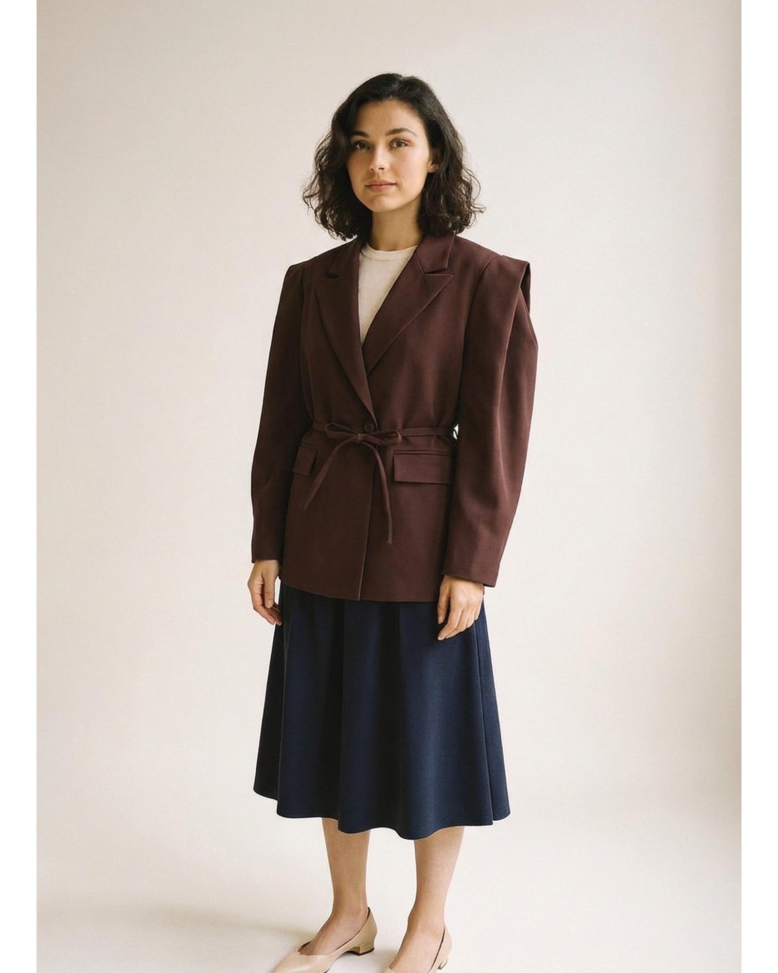 Sonja padded-shoulder blazer, dark brown colour variant (AI visualisation)
