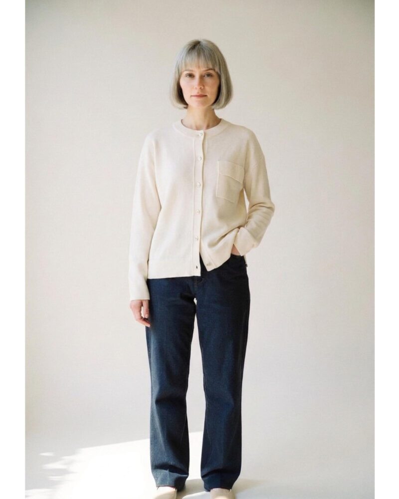 Wil cardigan, off-white colour variant — single chest pocket (AI visualisation)