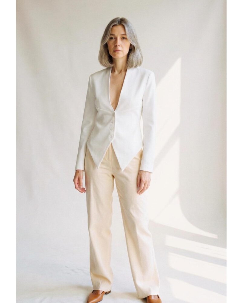 Petronella slim-fit blazer coat, white colour variant — deep V neckline (AI visualisation)