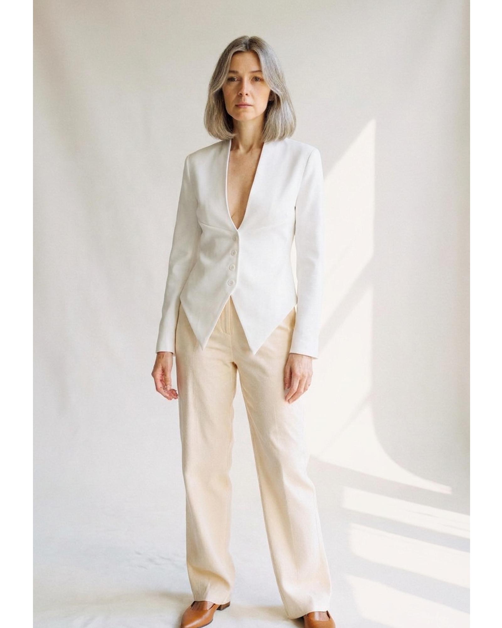 Petronella slim-fit blazer coat, white colour variant — deep V neckline (AI visualisation)