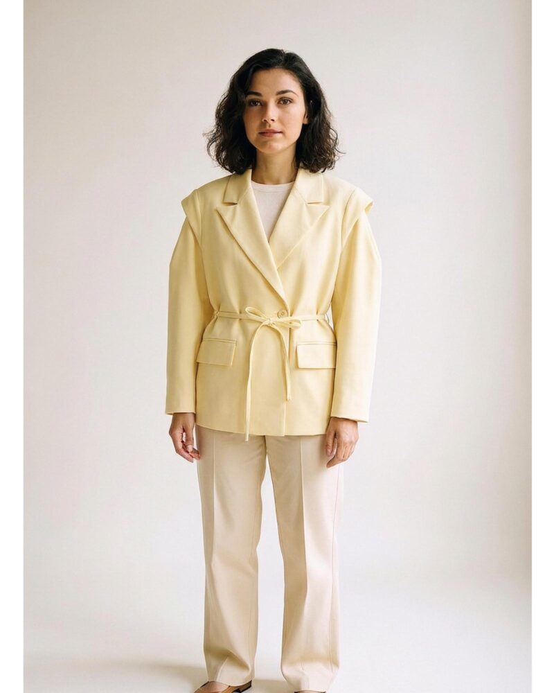 Sonja padded-shoulder blazer, yellow colour variant (AI visualisation)