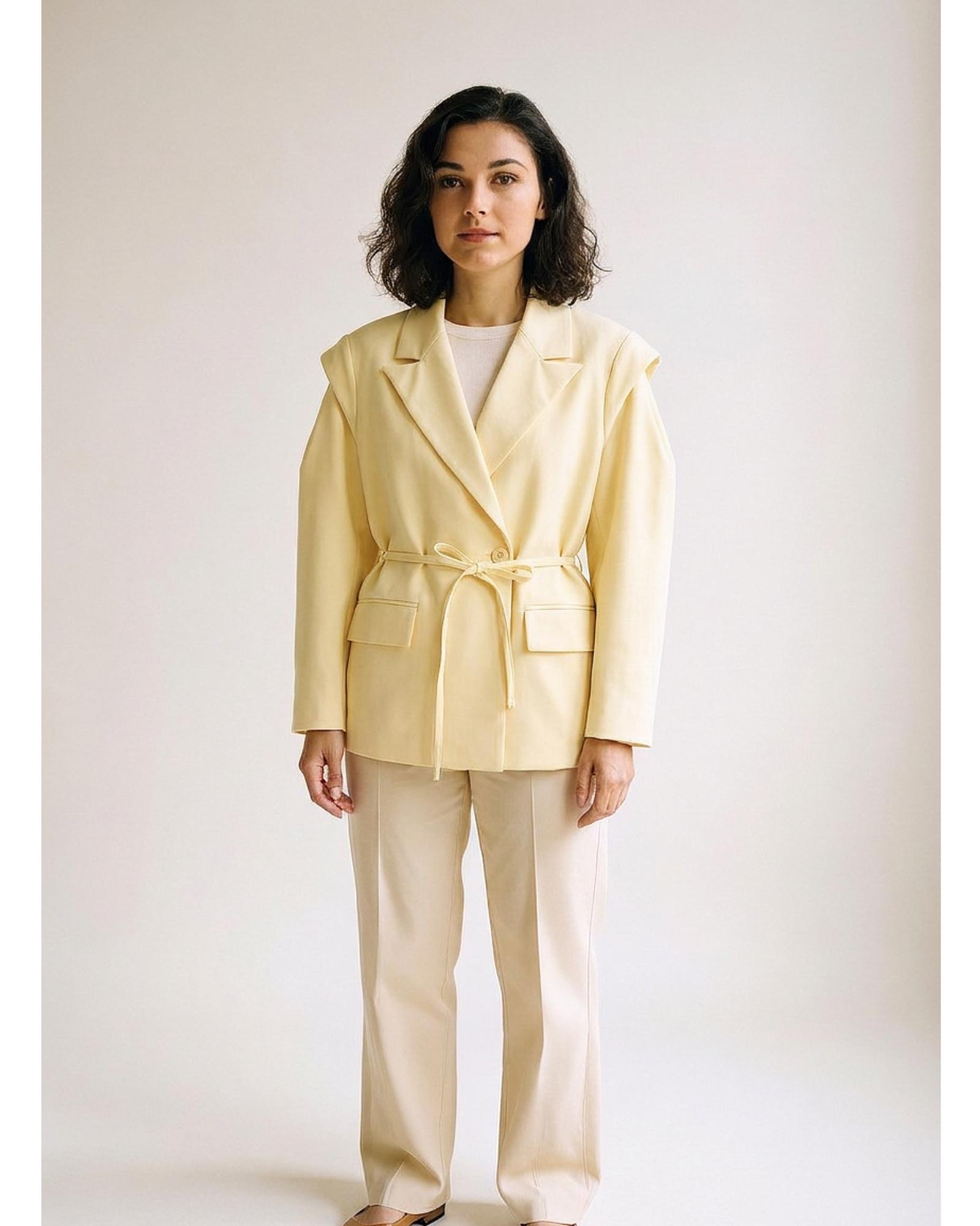 Sonja padded-shoulder blazer, yellow colour variant (AI visualisation)
