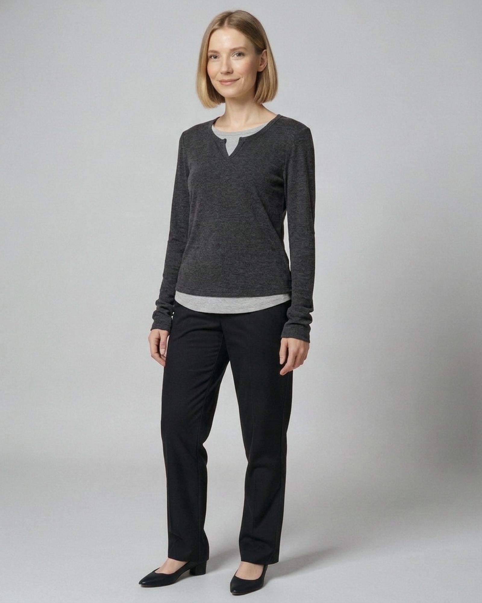 Veerle · V-neck layered-look long-sleeve — on model, front (AI visualisation)