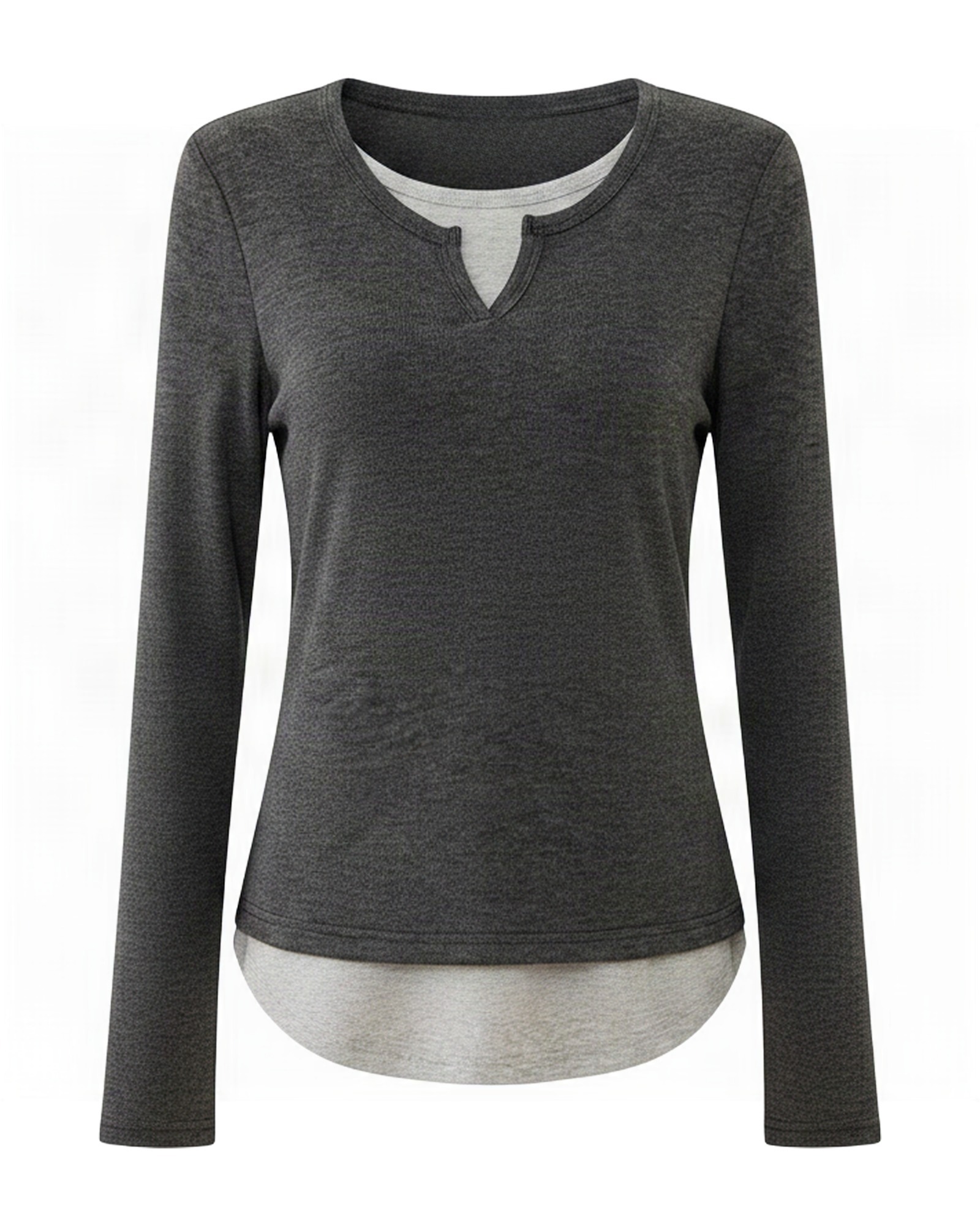 Veerle · V-neck layered-look long-sleeve — product front (AI visualisation)