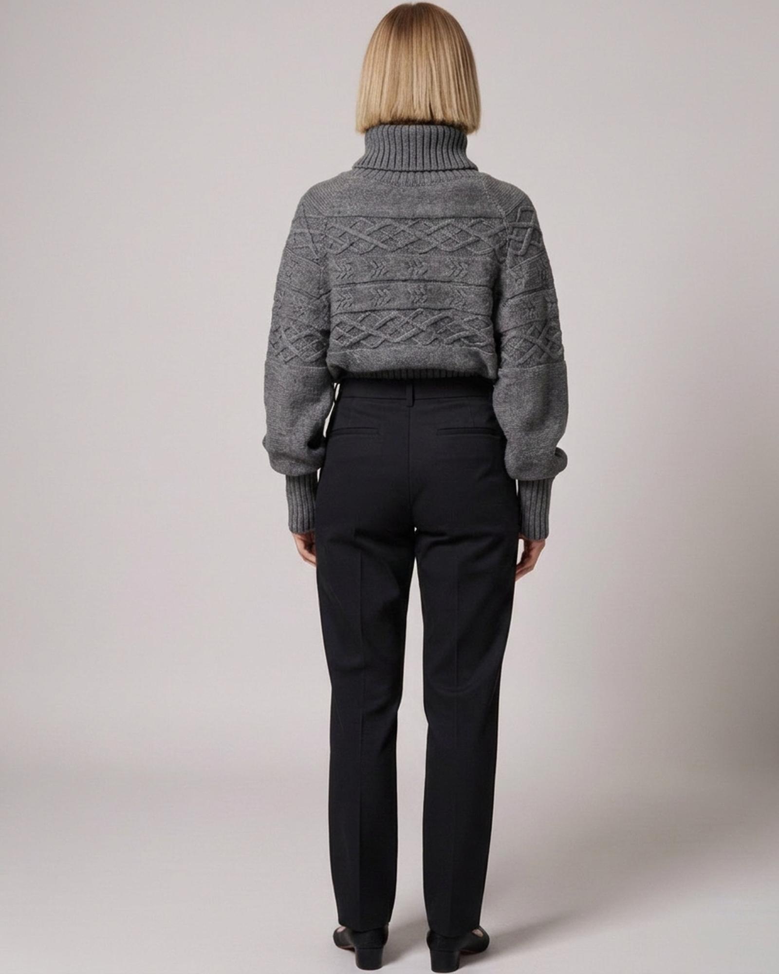 Wieteke grey cable-knit high-neck jumper — model back view (AI visualisation)