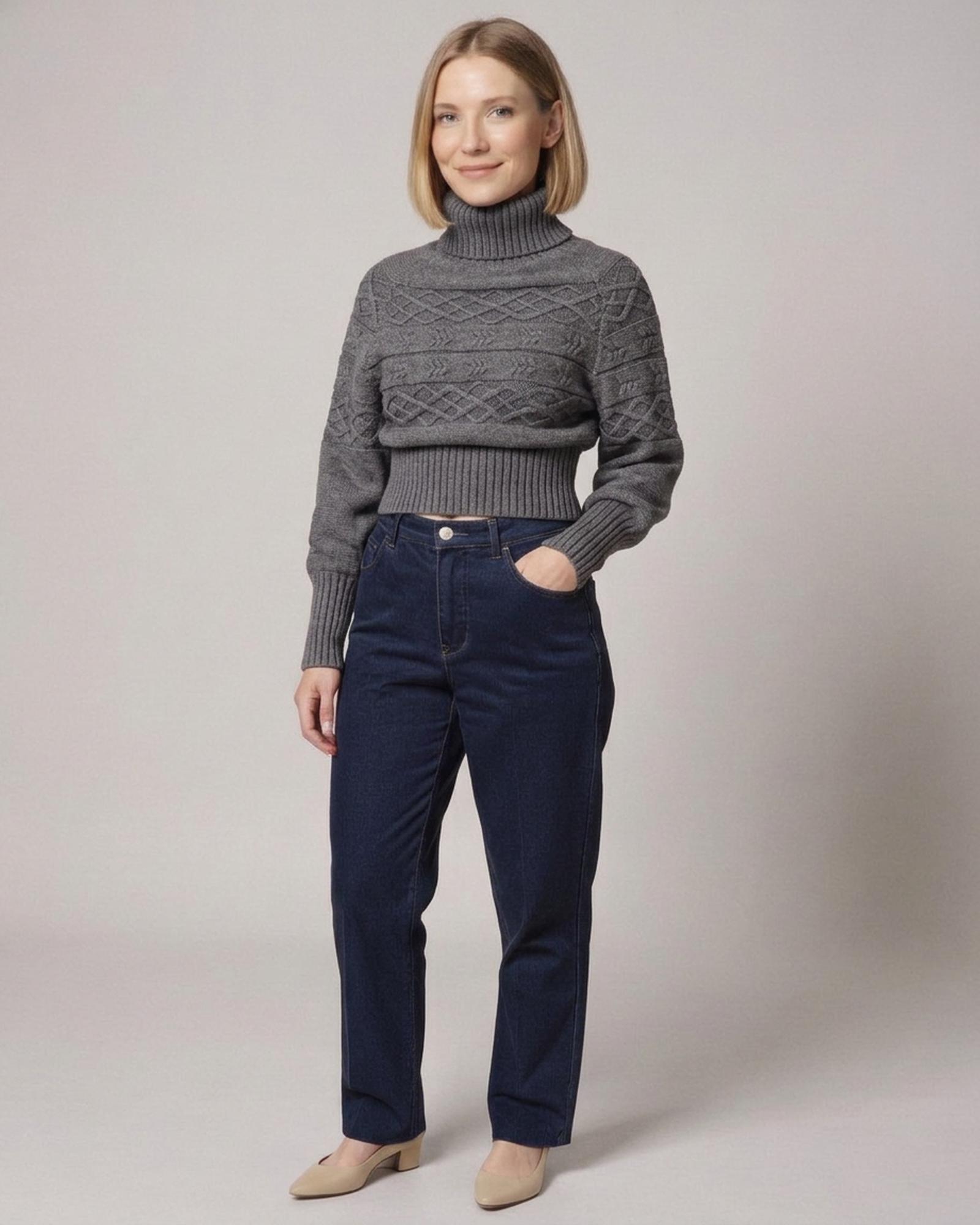Wieteke grey chunky cable-knit turtleneck jumper with ribbed high neck, balloon sleeves and a ribbed waist, three-quarter view (AI visualisation)