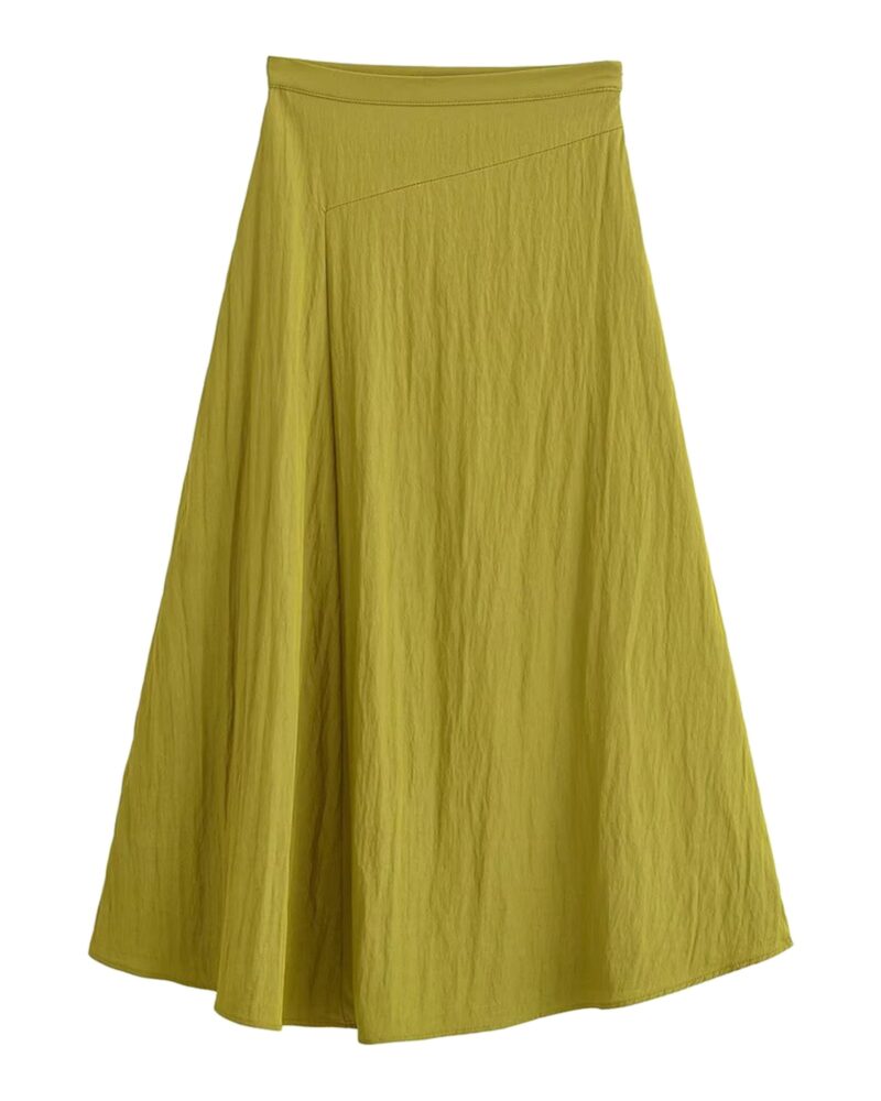 Wietske chartreuse satin A-line midi skirt, front view — product photo