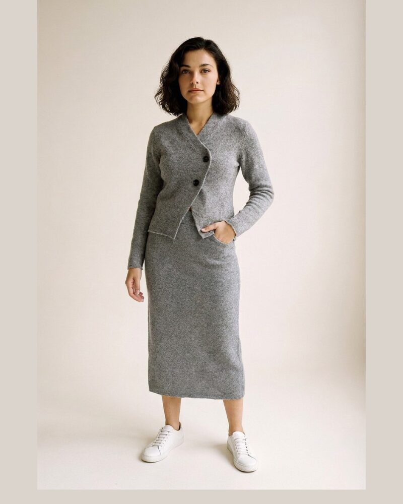 Willemien knit cardigan and midi skirt set — op model, vooraanzicht (AI-visualisatie)