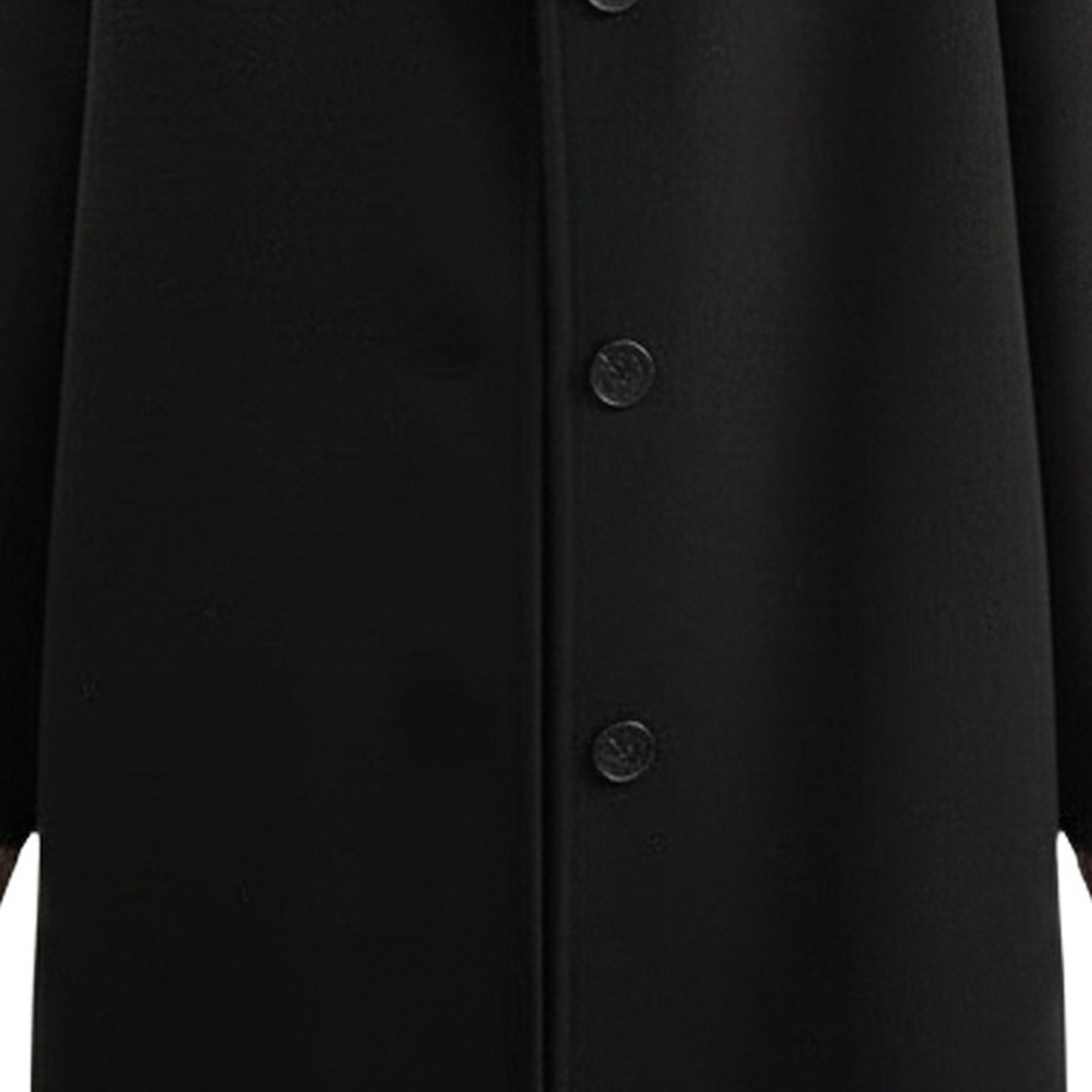 Willemke black long wool coat — fabric and closure detail (AI visualisation)