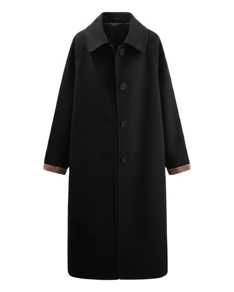 Willemke black long wool coat, front view (AI visualisation)