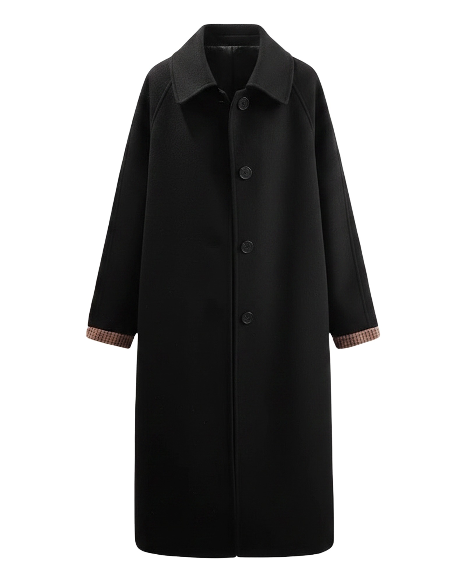 Willemke black long wool coat, front view (AI visualisation)