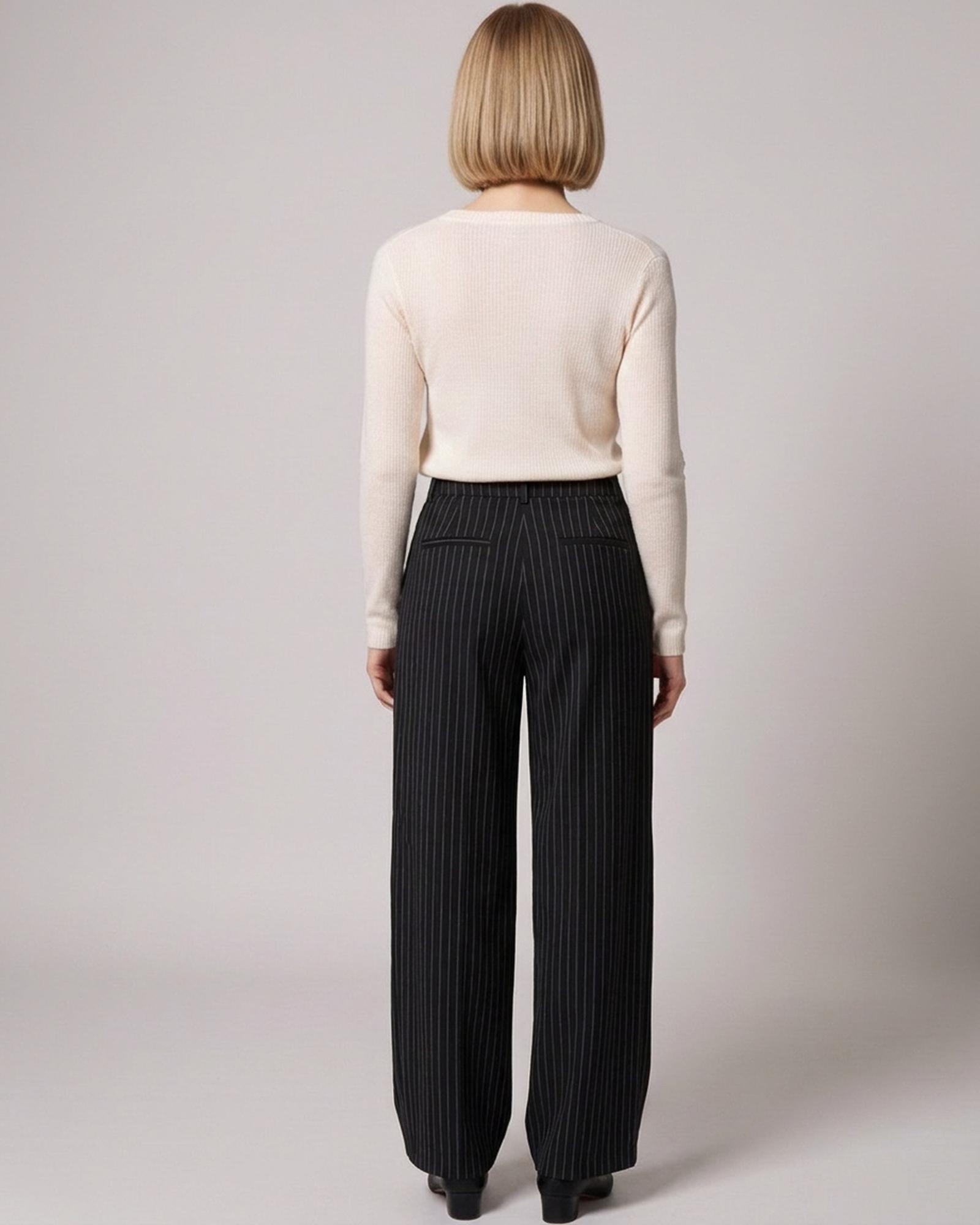 Wilma dark grey pinstripe wide-leg suit trousers — model back view (AI visualisation)