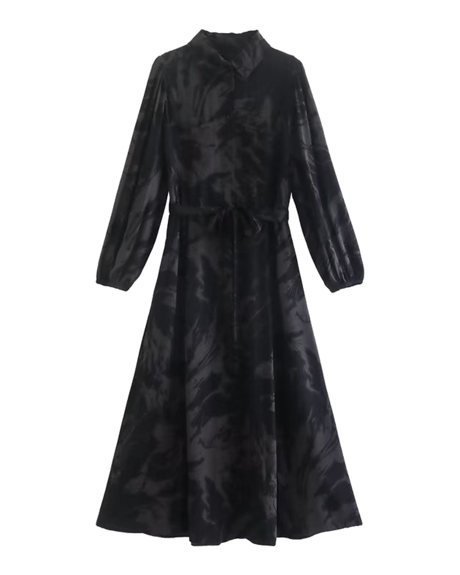 Yfke black floral-jacquard belted shirt dress, front view — product photo