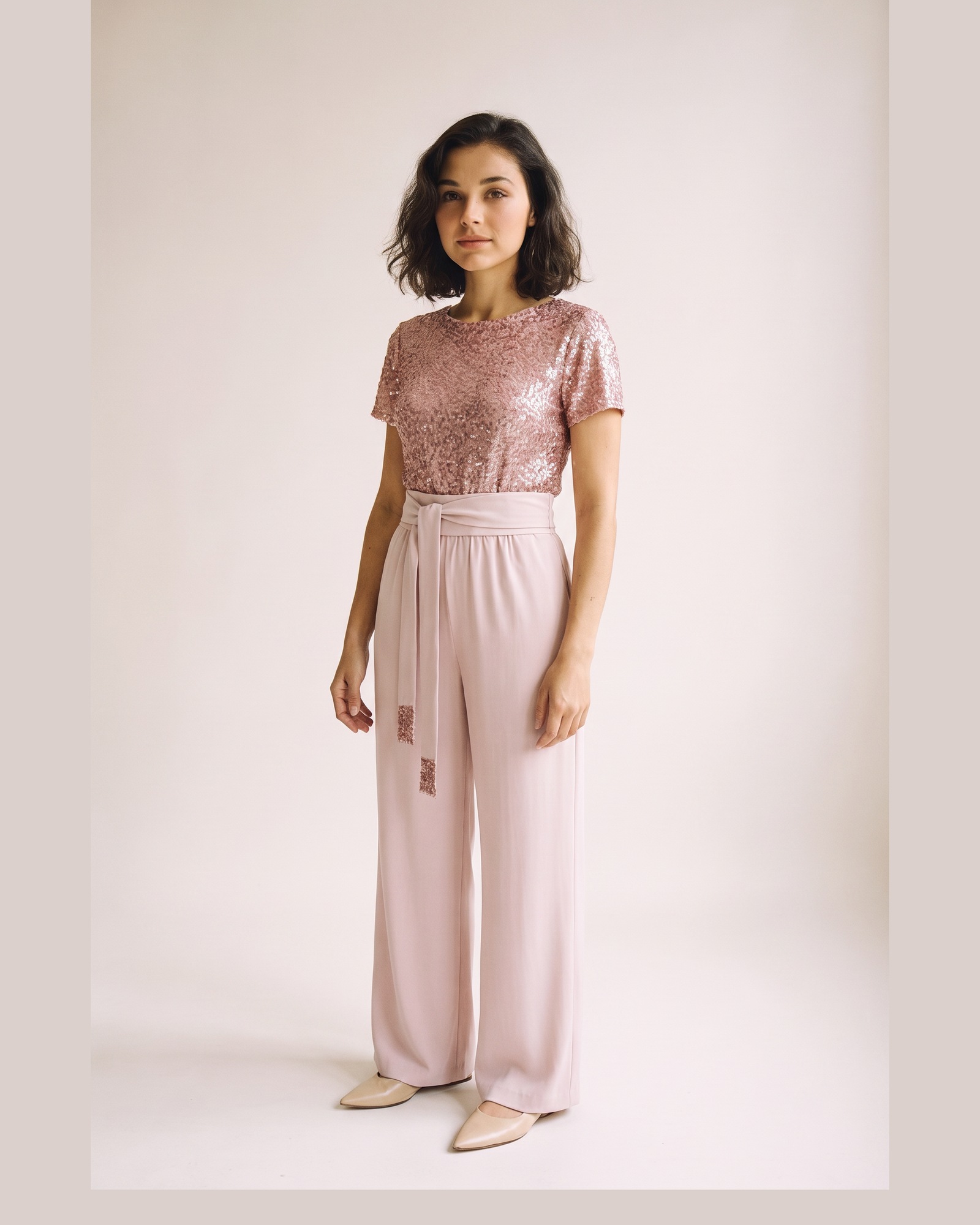 Yvonne Sequin Wide Leg Jumpsuit — on model, front (AI visualisation)