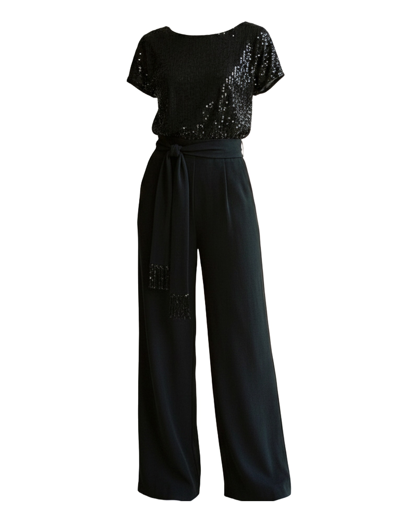 Yvonne Sequin Wide Leg Jumpsuit — Black, on model