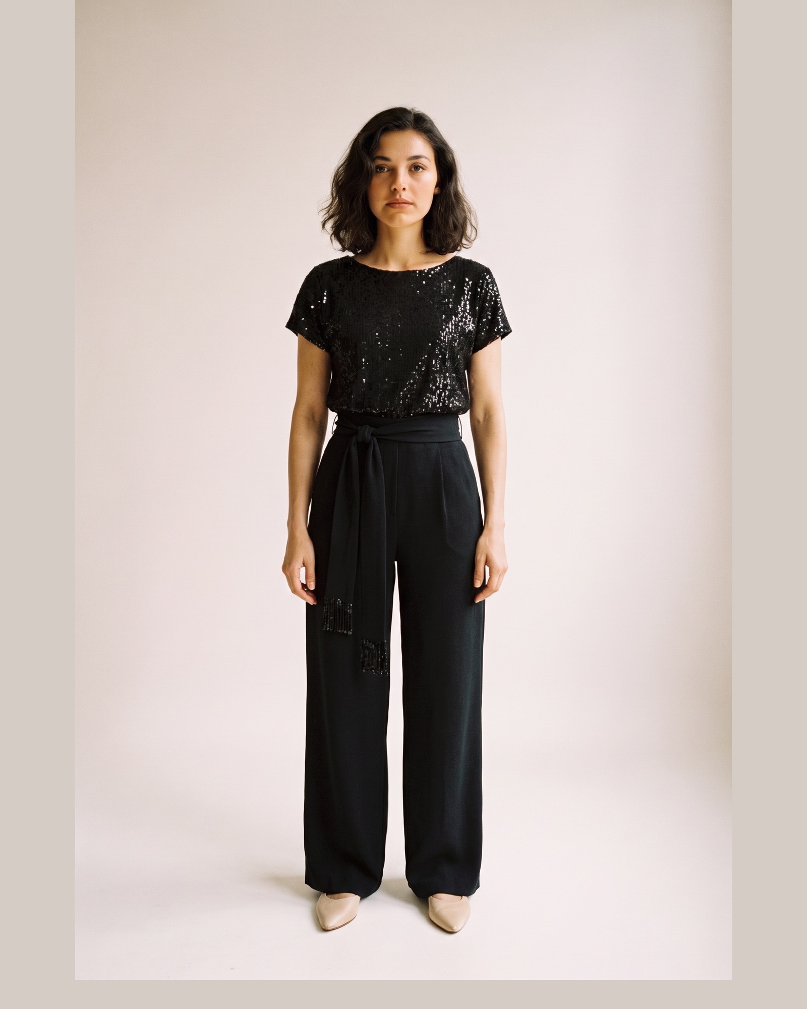 Yvonne Sequin Wide Leg Jumpsuit — Black, on model (AI visualisation)