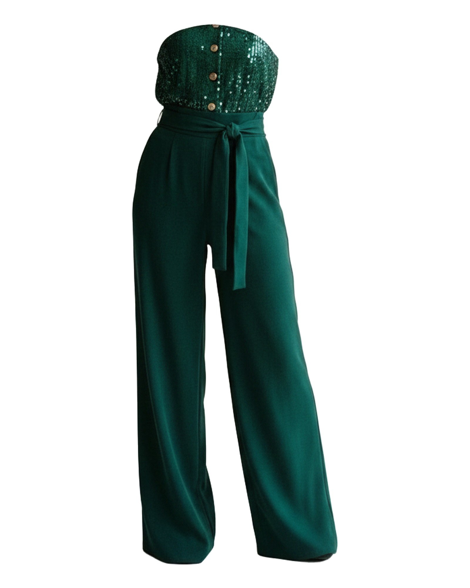 Yvonne Sequin Wide Leg Jumpsuit — Dark Green, on model