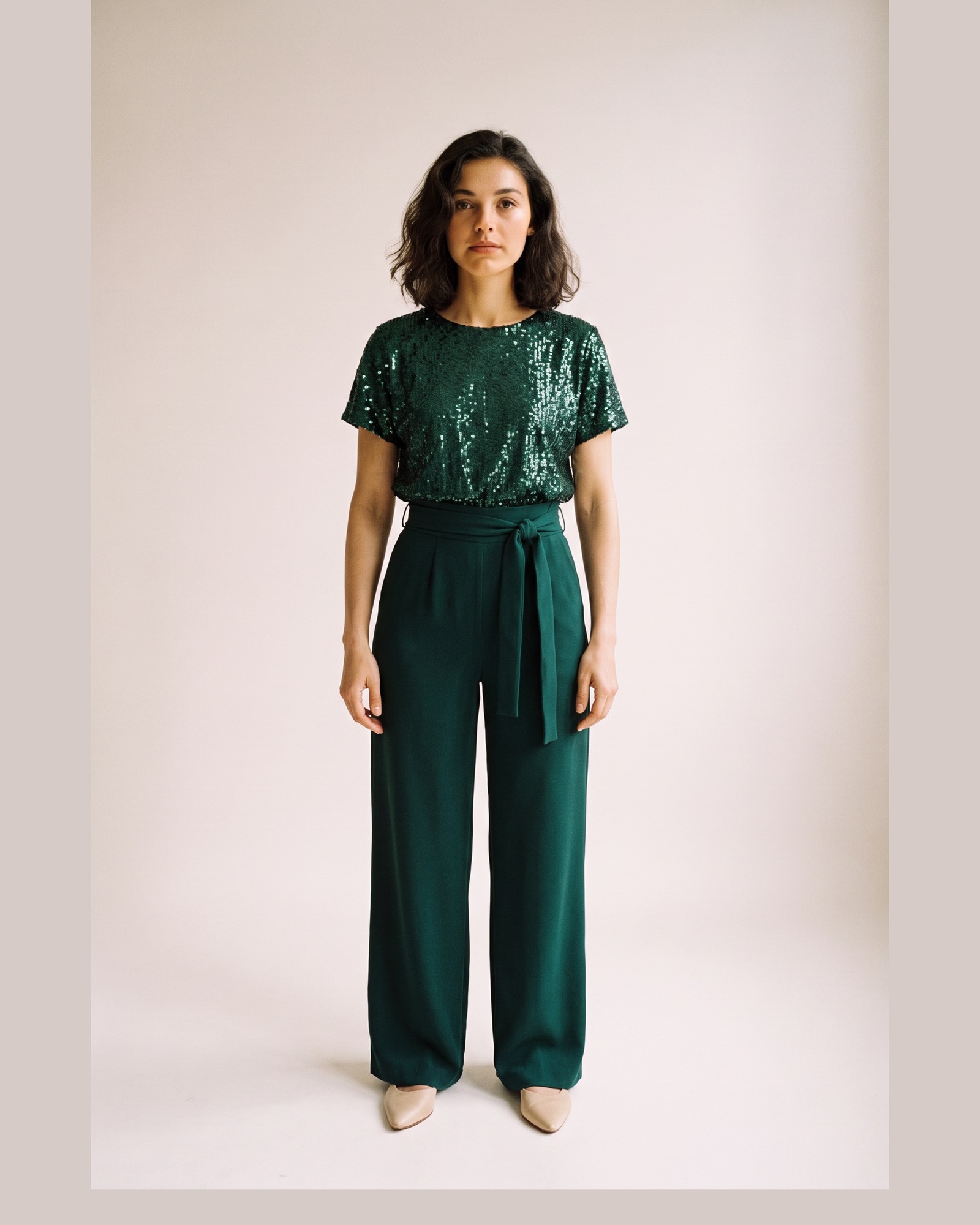 Yvonne Sequin Wide Leg Jumpsuit — Dark Green, on model (AI visualisation)