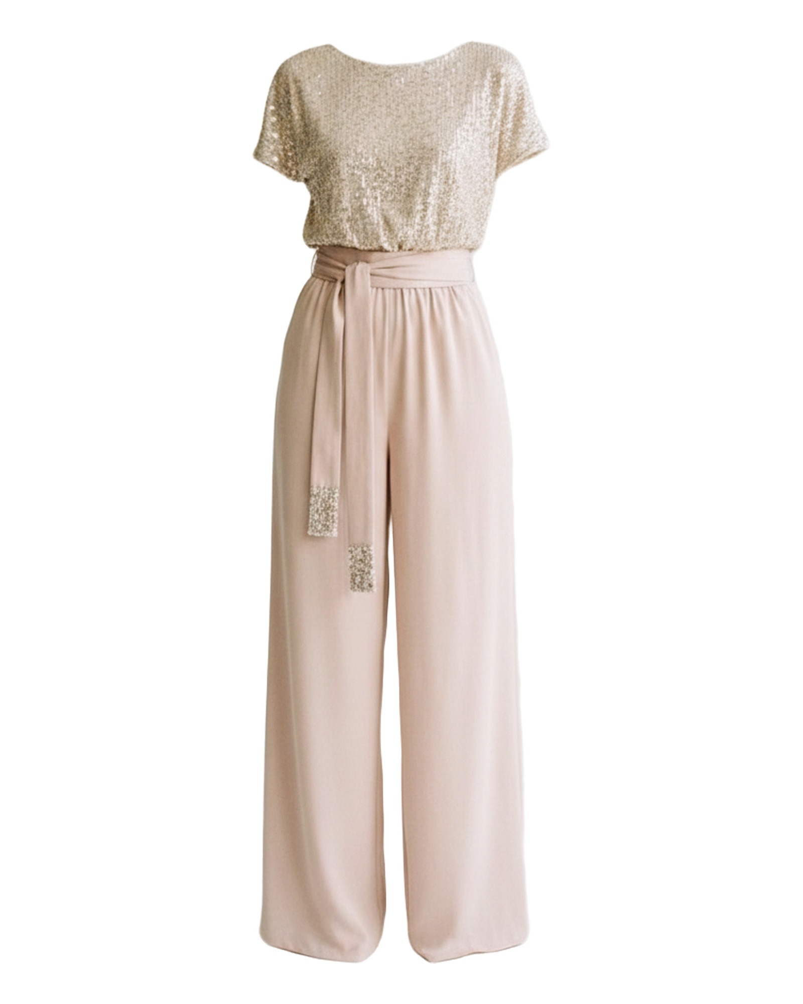 Yvonne Sequin Wide Leg Jumpsuit — Eggshell, on model
