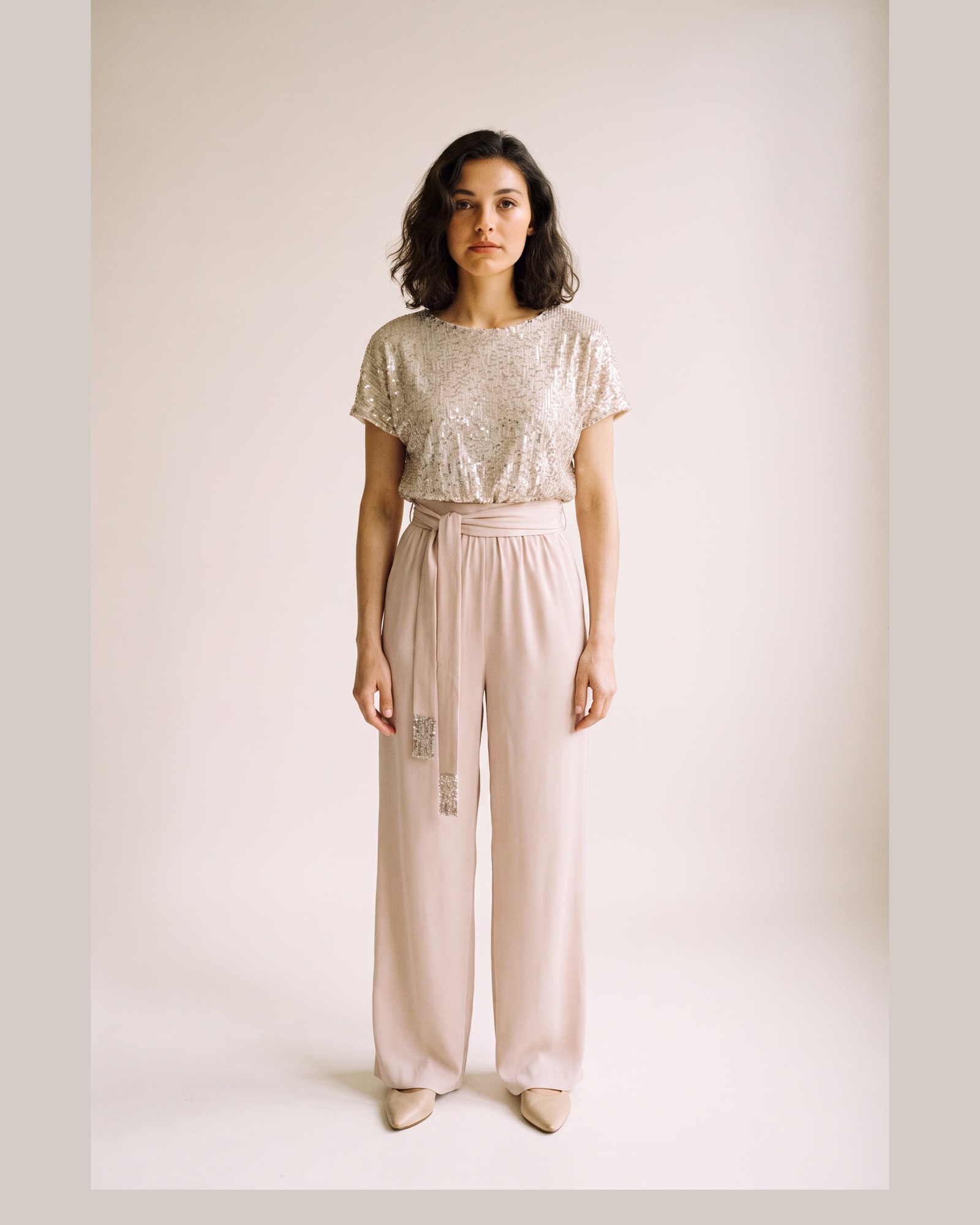 Yvonne Sequin Wide Leg Jumpsuit — Eggshell, on model (AI visualisation)