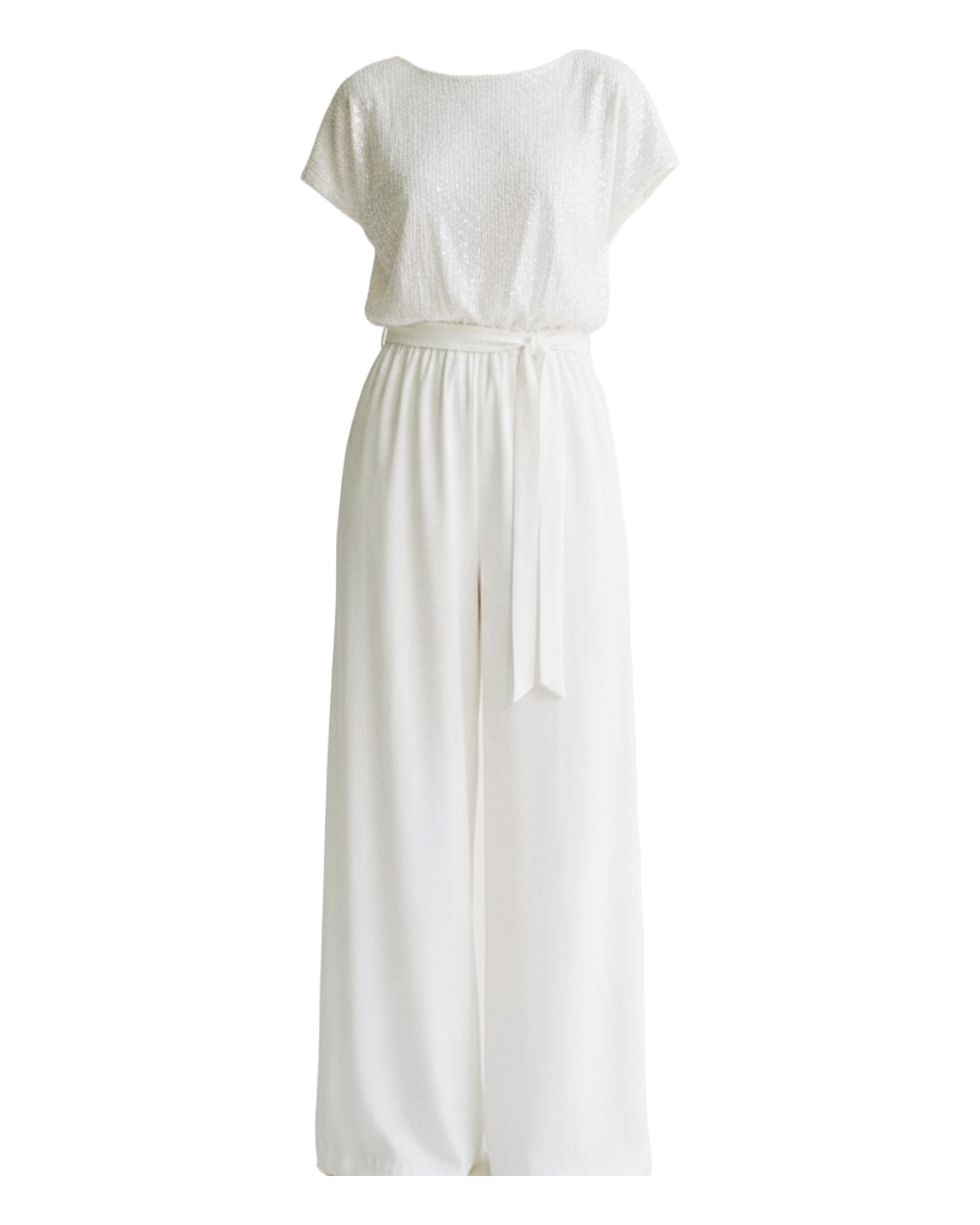 Yvonne Sequin Wide Leg Jumpsuit — White, on model
