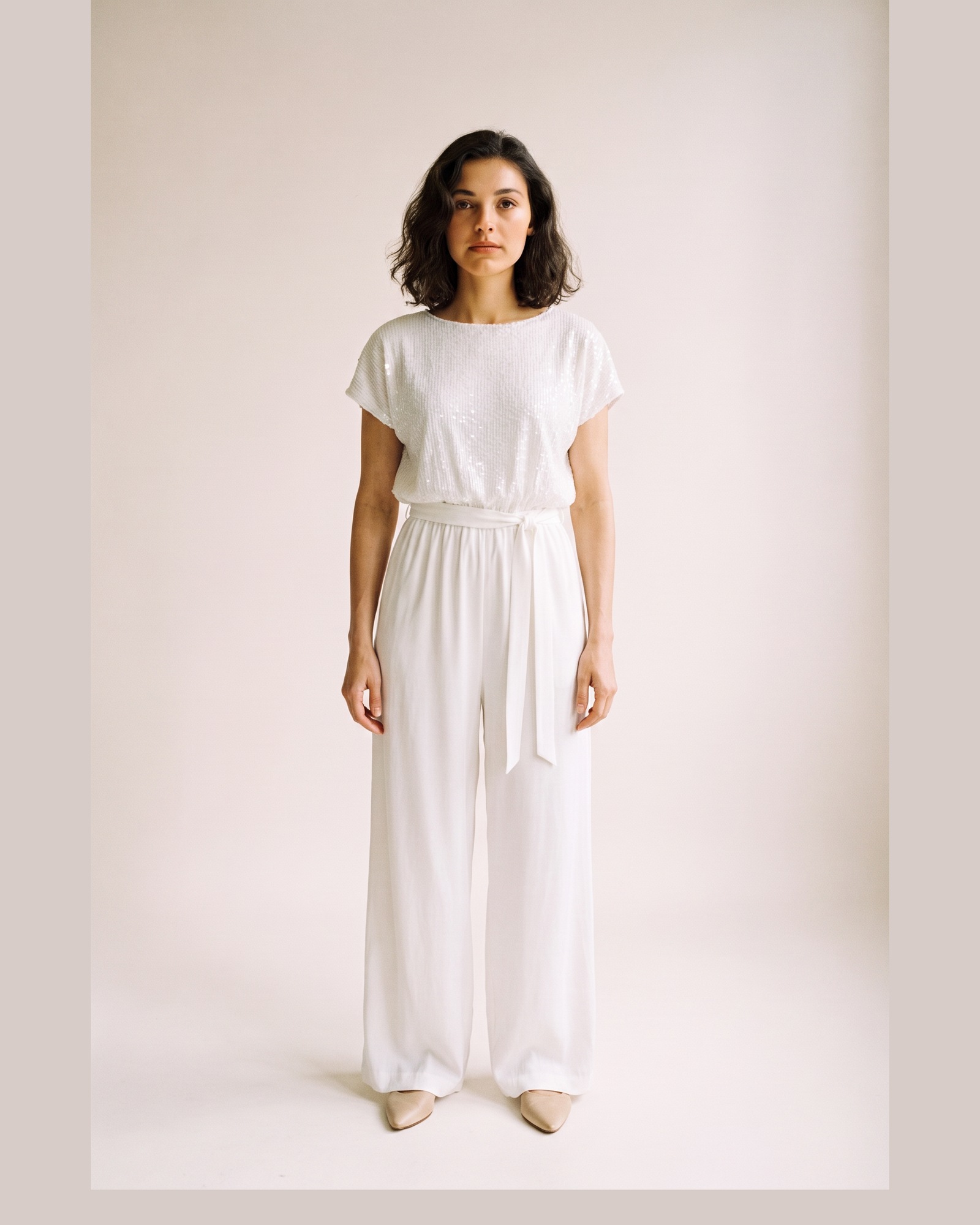 Yvonne Sequin Wide Leg Jumpsuit — White, on model (AI visualisation)